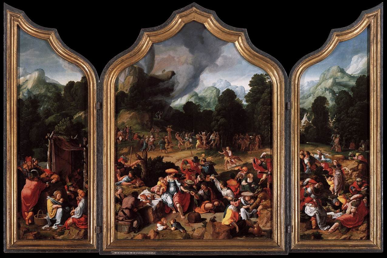 A painted triptych standing open in gilt frames with pointed arched tops, on a black ground. In the centre panel men and women in bright robes feast on the ground while a crowd dances around a small golden calf on a column in the middle distance, and a dark cloud hangs over the mountain behind. The left panel shows a red tent and people resting beside it, and the right panel more of the camp eating and talking.