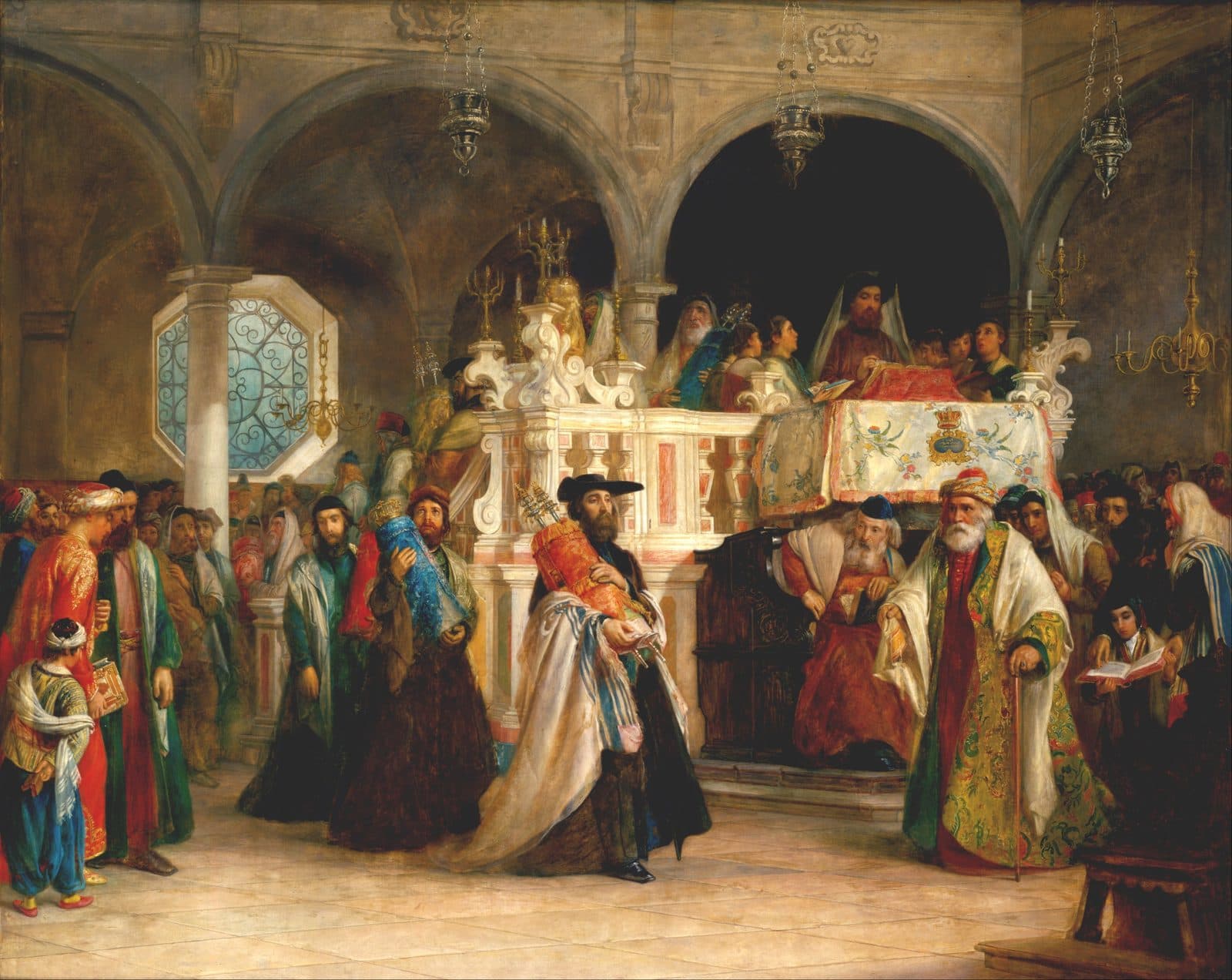 Men in prayer shawls and long robes carry Torah scrolls in embroidered mantles across the floor of an arched synagogue, past a raised marble reading platform where elders stand at a draped desk, while boys and old men watch from the sides.