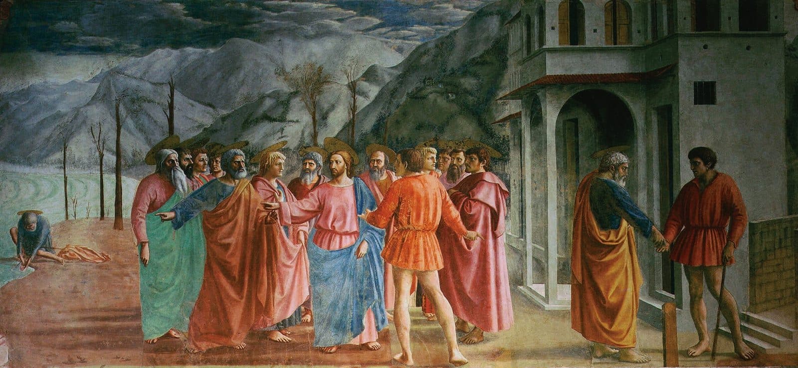Jesus stands among the apostles in a hilly landscape as a tax collector in a short red tunic faces Him. At left Peter kneels at the water's edge with a fish, and at right Peter hands a coin to the collector beside a building.