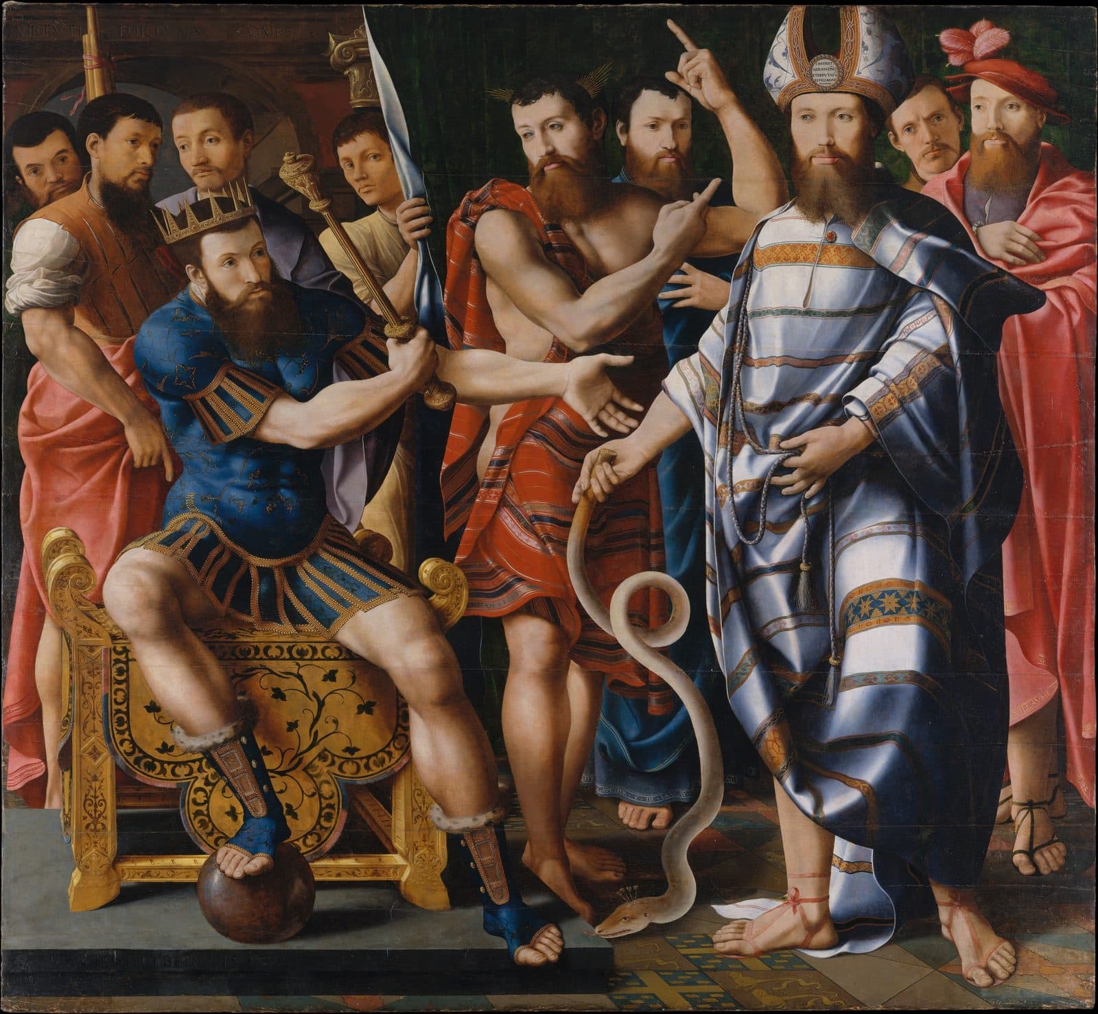 Pharaoh sits crowned on a gilded throne at the left with a sceptre, Moses stands bare-chested in the centre pointing upward, and Aaron in a mitre and striped robe holds the staff that has become a serpent at his feet, with courtiers crowding behind them.