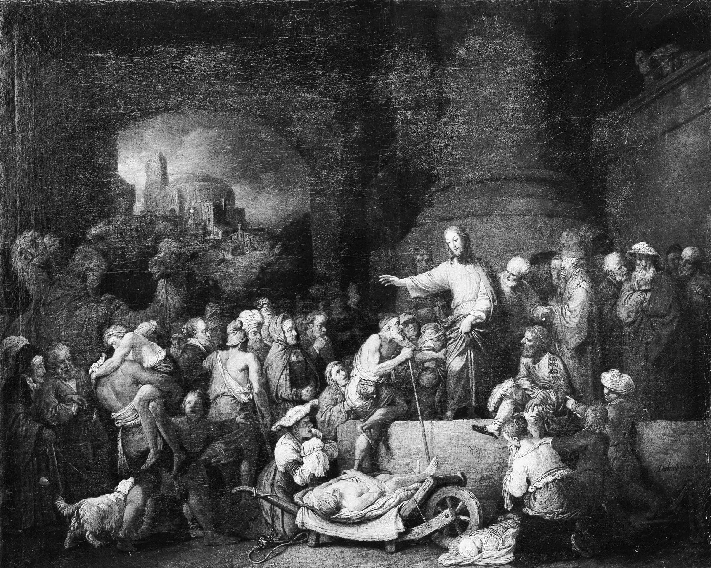 Jesus stands on a stone step under a ruined arch, his hand stretched out over a crowd of the sick and lame, one carried on a man's back and one lying in a barrow.