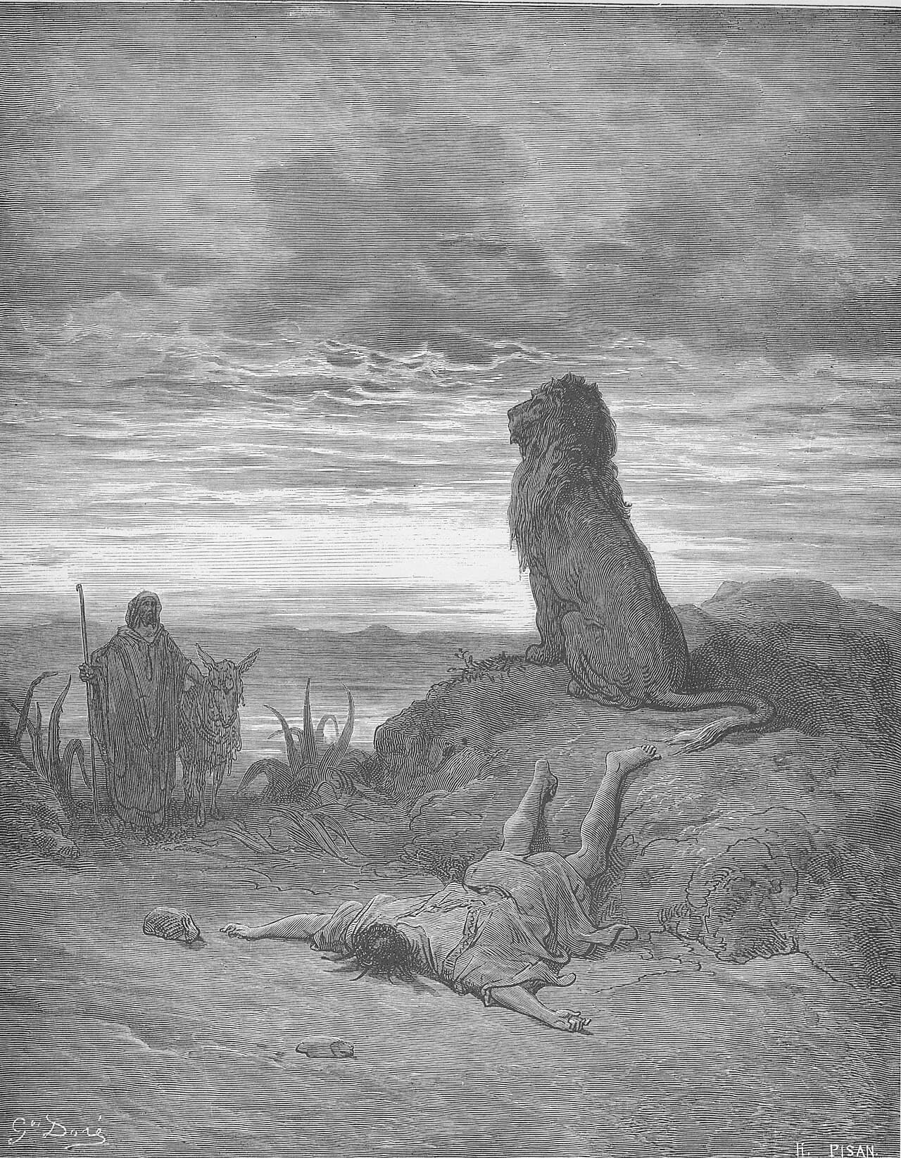 A lion sits on a rocky rise beside the body of a man lying head down on the slope of the road, while a cloaked man with a staff stands beside a donkey at the left under a wide evening sky.