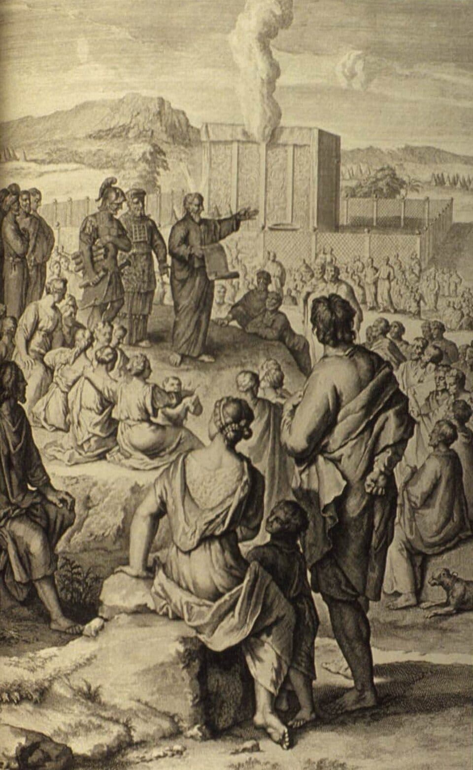 Moses holds a scroll and speaks from a rise of ground to the men, women and children gathered below him, with the high priest in his breastpiece at his side and smoke rising from the altar inside the tabernacle court behind them.