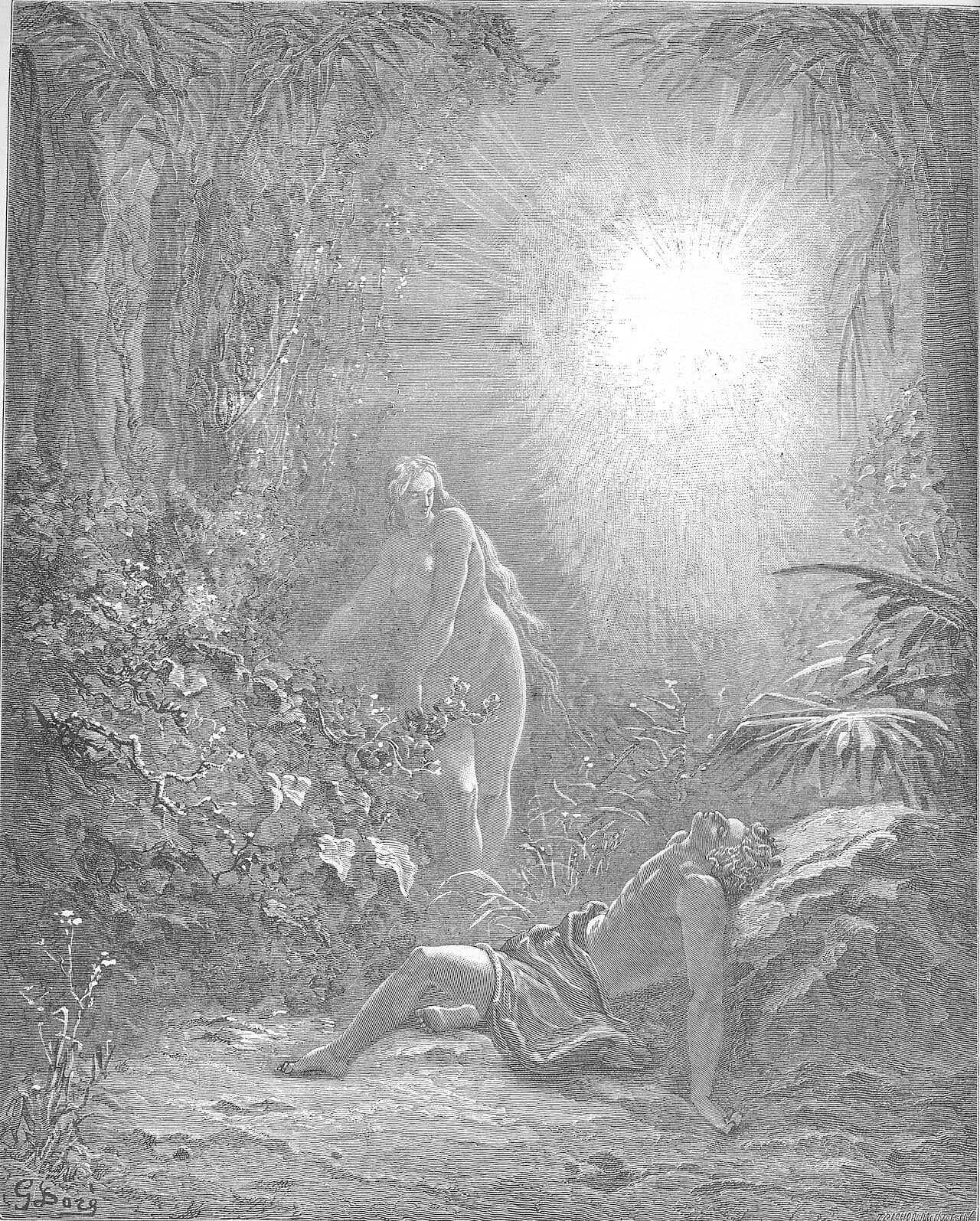 In a dense garden of trees and ferns, a woman stands bowed in a burst of light from the upper right, and a man lies asleep on the ground below her with his head on a rock.