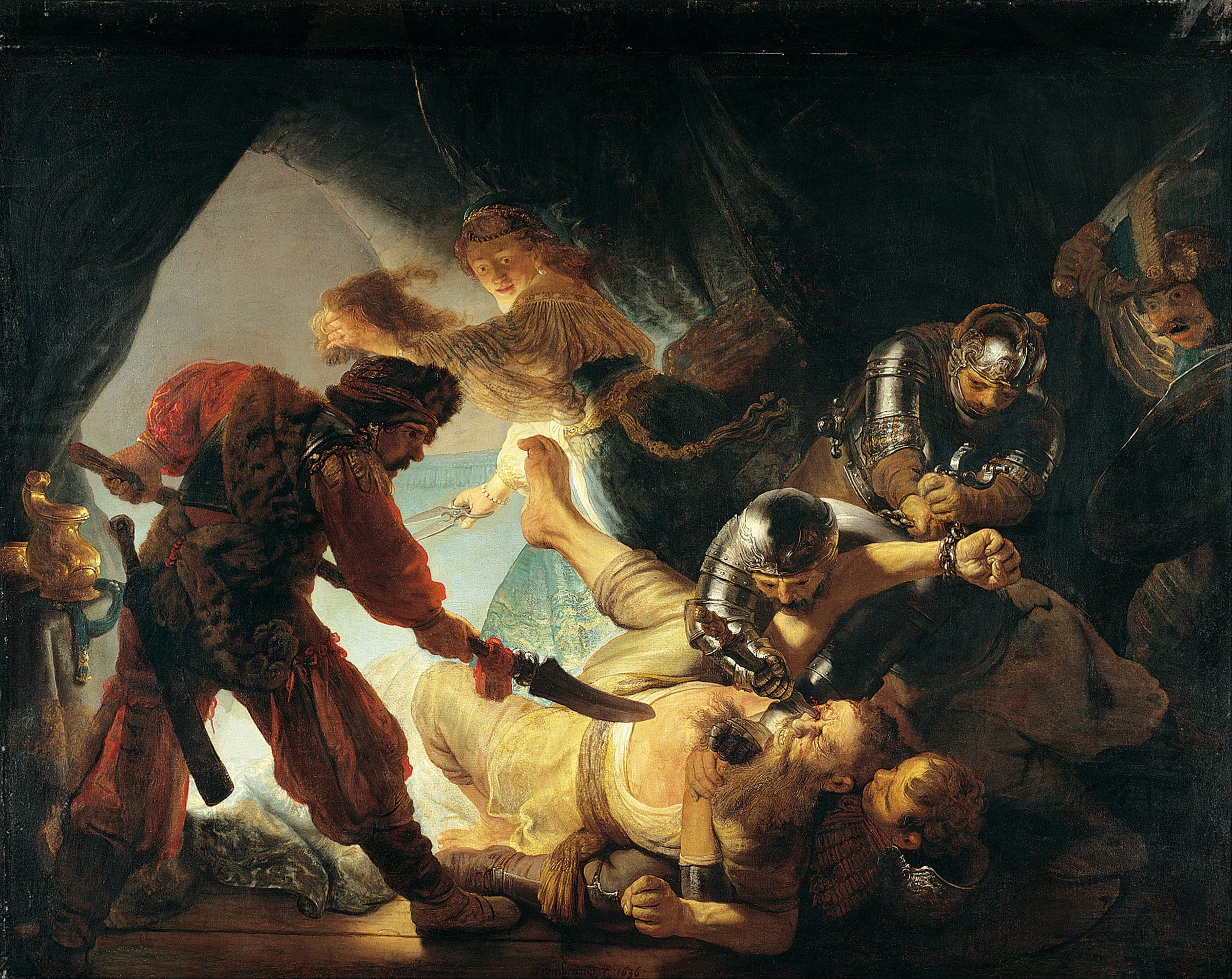 A dark tent lit from its open side. Soldiers in armour pin a man to the ground and one drives a blade into his eye, while a woman runs out holding a pair of shears and a long lock of hair.