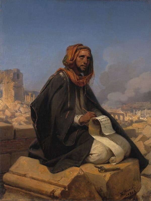 Horace Vernet's painting of the prophet Jeremiah in a dark cloak and an orange head cloth, seated on a block of stone and writing on a scroll, with the broken walls of Jerusalem and a cloud of smoke behind him