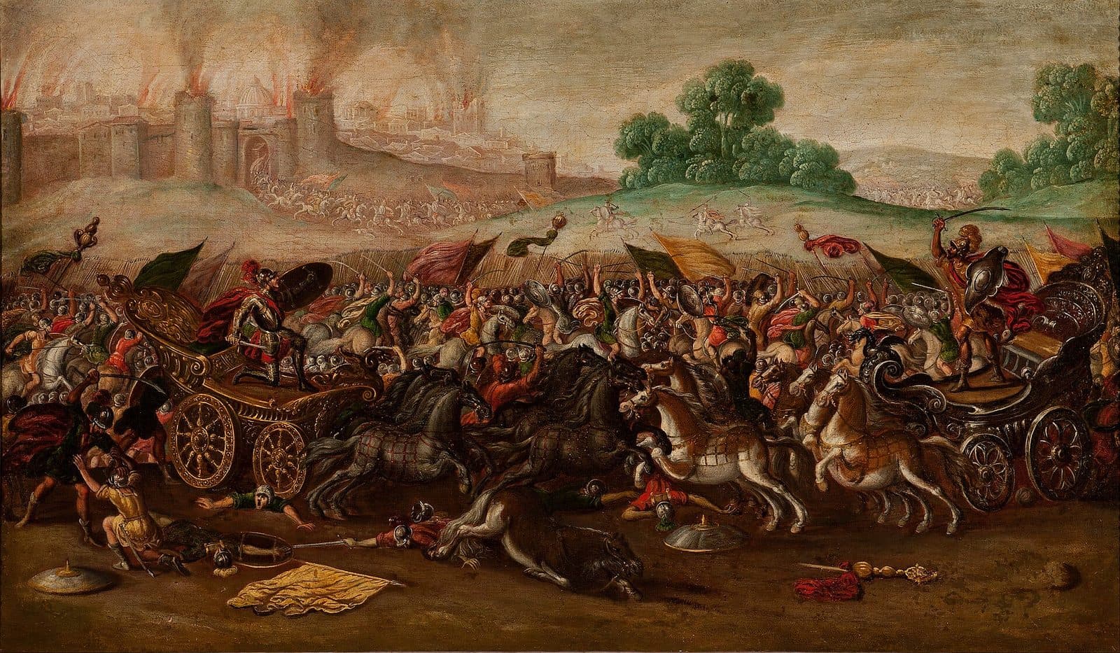 Chariots, horsemen and foot soldiers clash in a crowded battle in the foreground while a walled city burns on the hill behind them.