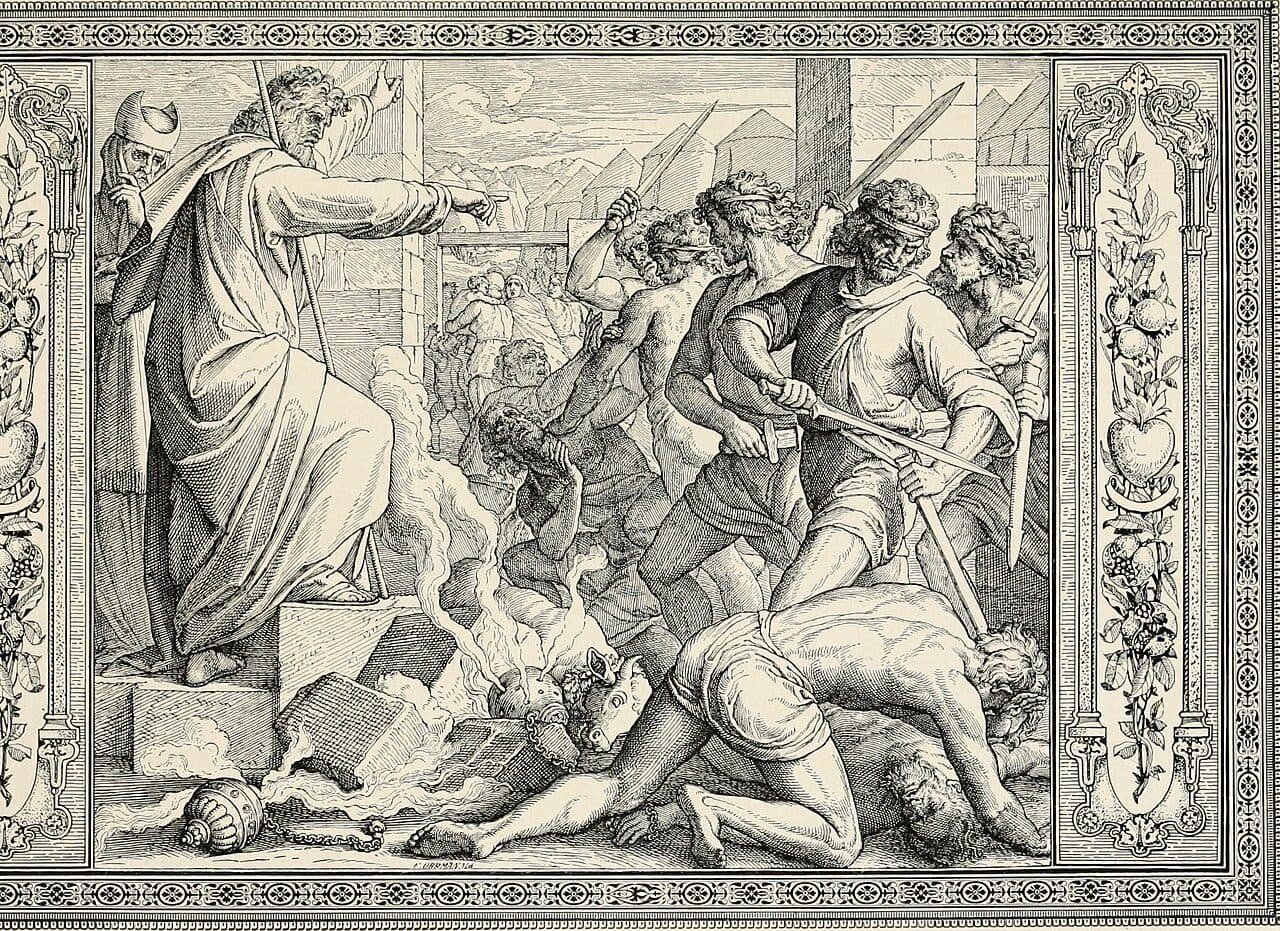 An old man in a long robe stands on a stone step with a staff and points ahead, while young men with headbands and drawn swords press past a man bowed on the ground; a figure in a tall cap stands behind him, tents and a gateway fill the background, and a broken calf idol and stone slabs lie in smoke at his feet