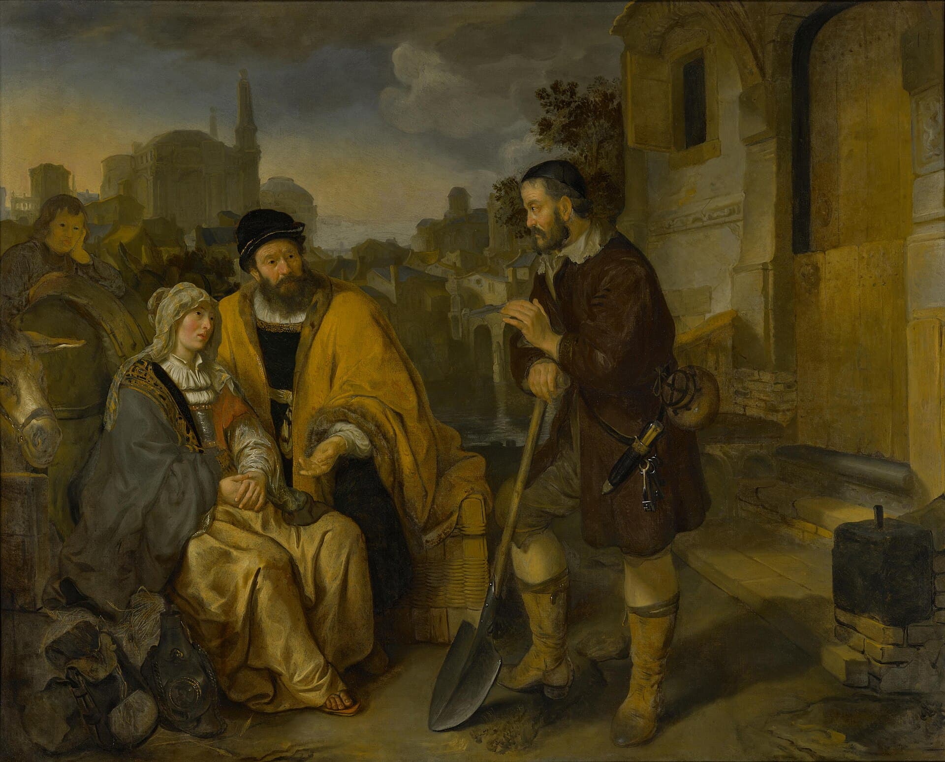 A painting of a young woman in a grey cloak and a bearded man in a gold robe seated by a road at evening, a youth and a donkey behind them, while an old labourer leaning on a spade stands before them beside a stone house.