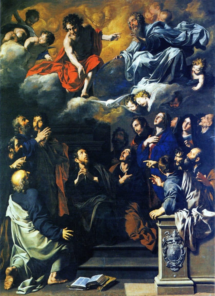 Christ in a red cloak and God the Father in blue sit on clouds with the dove and cherubs, while below the apostles and Mary look up and point toward a kneeling man in a dark robe at the centre, with an open book on the step before them.