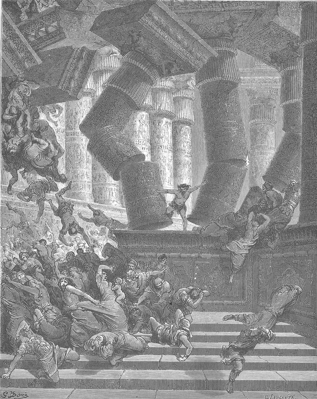 Samson, bare-chested and with long hair, pushes apart two great columns of a pillared temple as they fall, while blocks of the roof drop and a crowd of Philistines tumbles down the steps below.