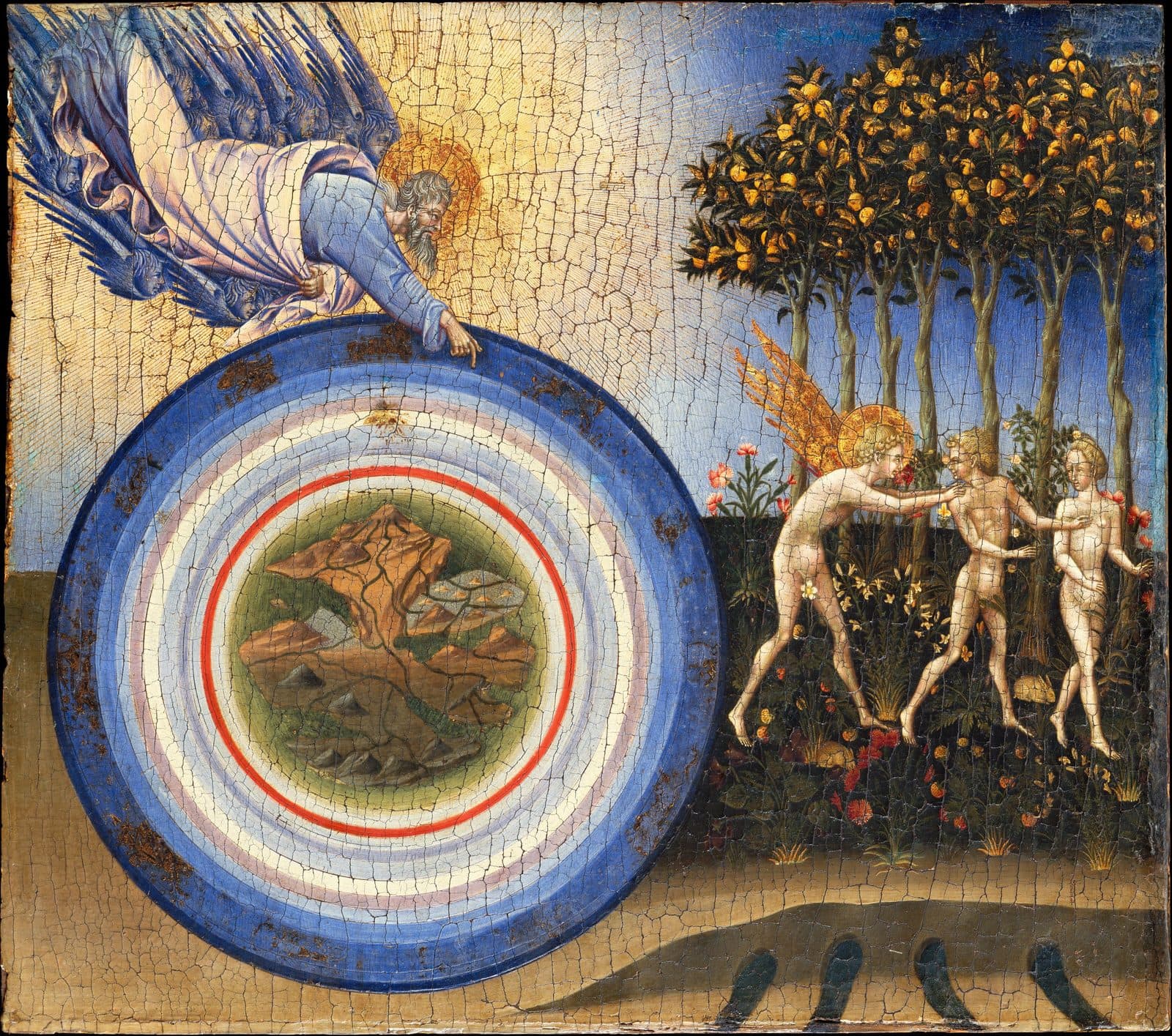 God, carried by a host of blue angels, points down at a great disc of coloured rings with the earth at its centre. On the right an angel pushes Adam and Eve out of a garden of fruit trees.