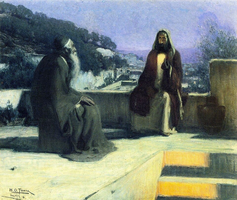 Henry Ossawa Tanner's painting of Nicodemus and Jesus seated on a flat roof at night, Nicodemus in shadow on the left and Jesus lit by lamplight rising from a stairway, with the moonlit city and hills behind them