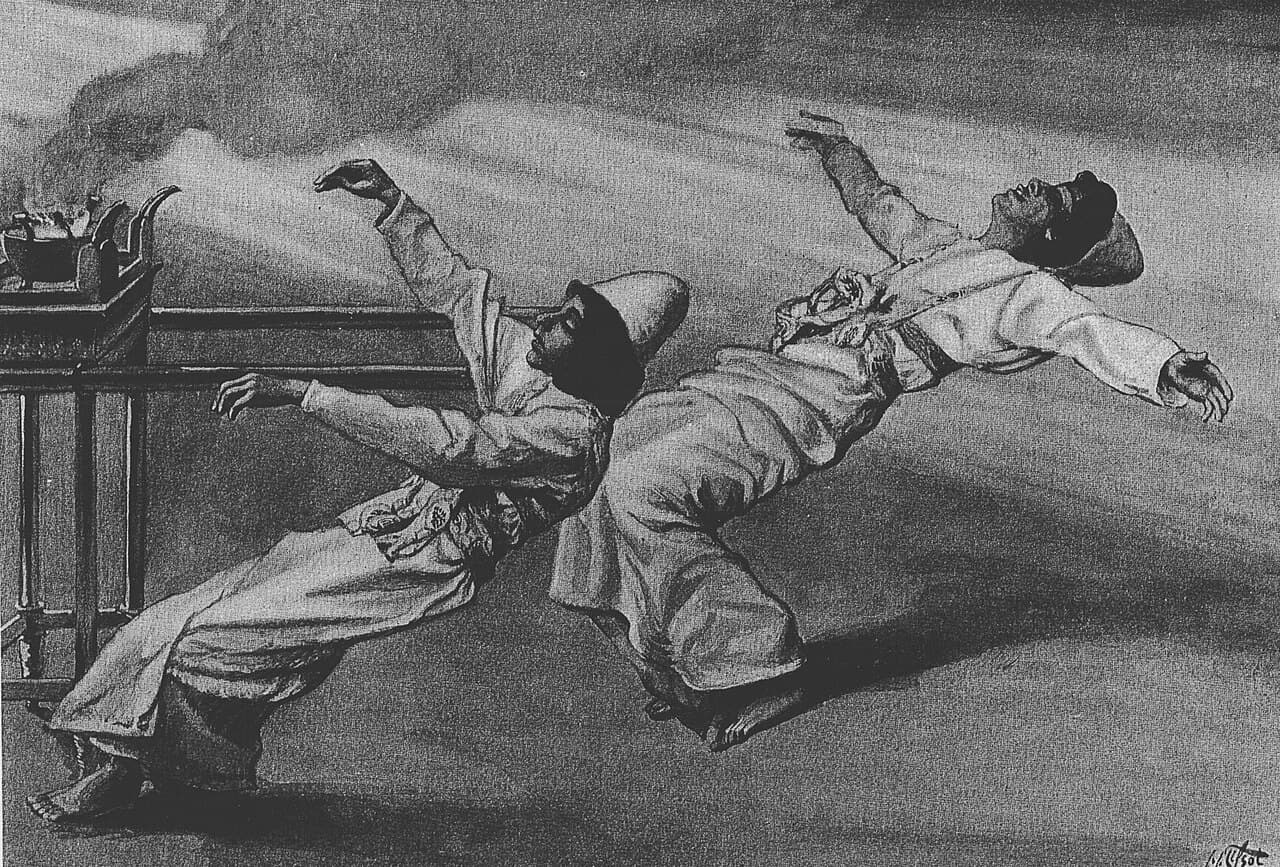 Two young priests in white robes and tall white caps fall backward beside a small altar of incense, their arms thrown out, as smoke rises from the altar behind them.