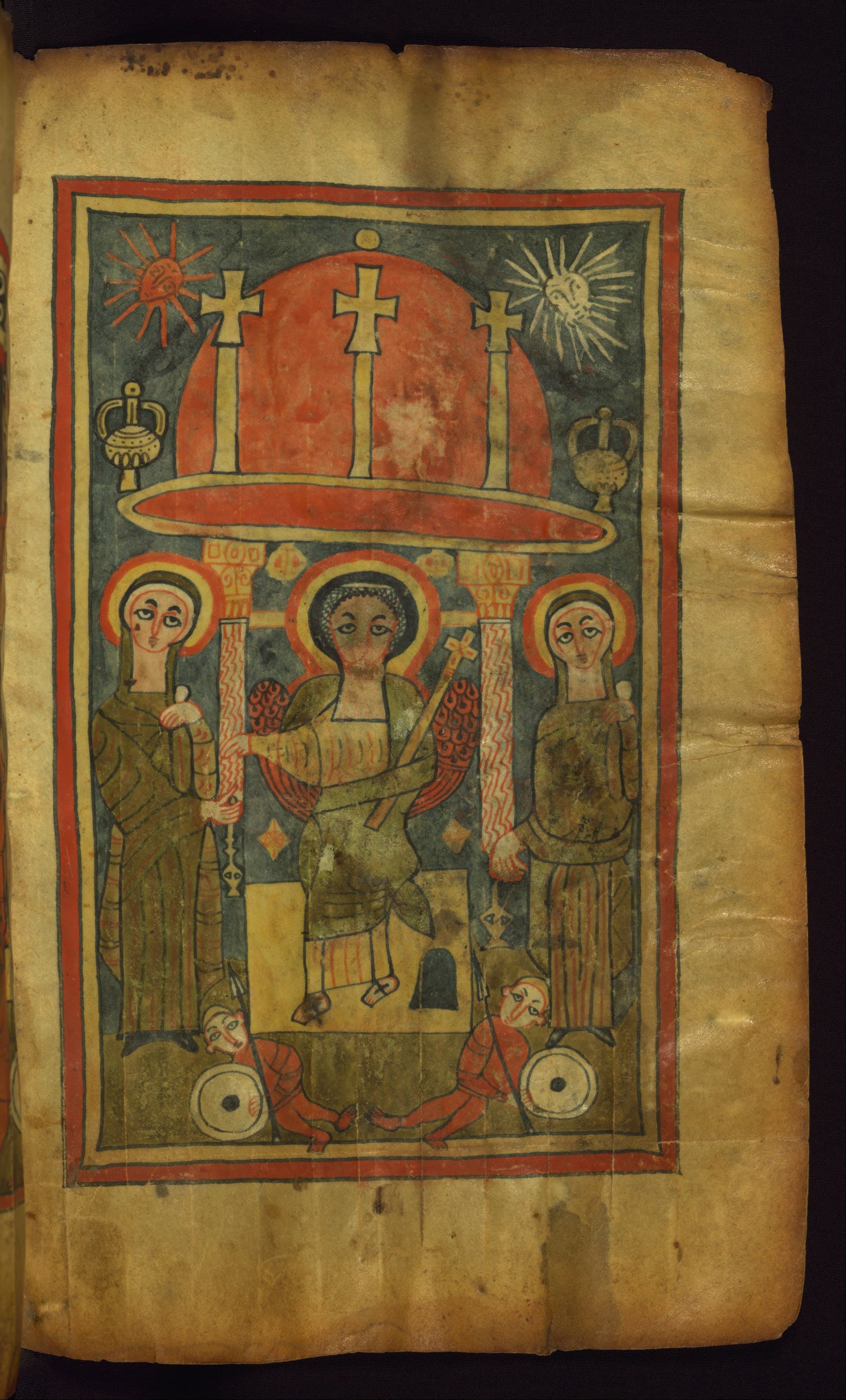 A painted manuscript page: Christ with a cross staff sits between two haloed women under a red dome with three crosses, with two small figures lying at his feet.