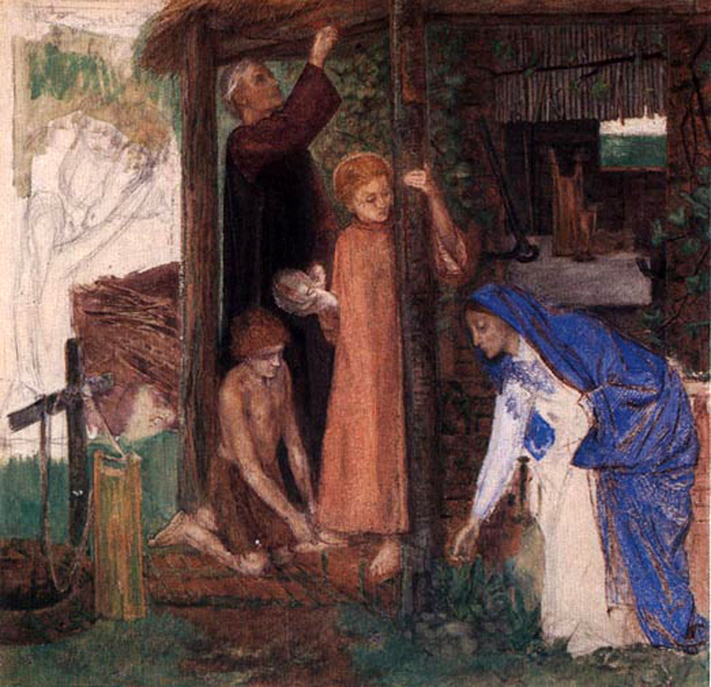 At the doorway of a thatched house an older man reaches up to the lintel, a boy in an orange robe holds a bowl, a youth kneels on the step, and a woman in a blue mantle stoops to gather herbs, while the left edge of the sheet is left as a pencil sketch.
