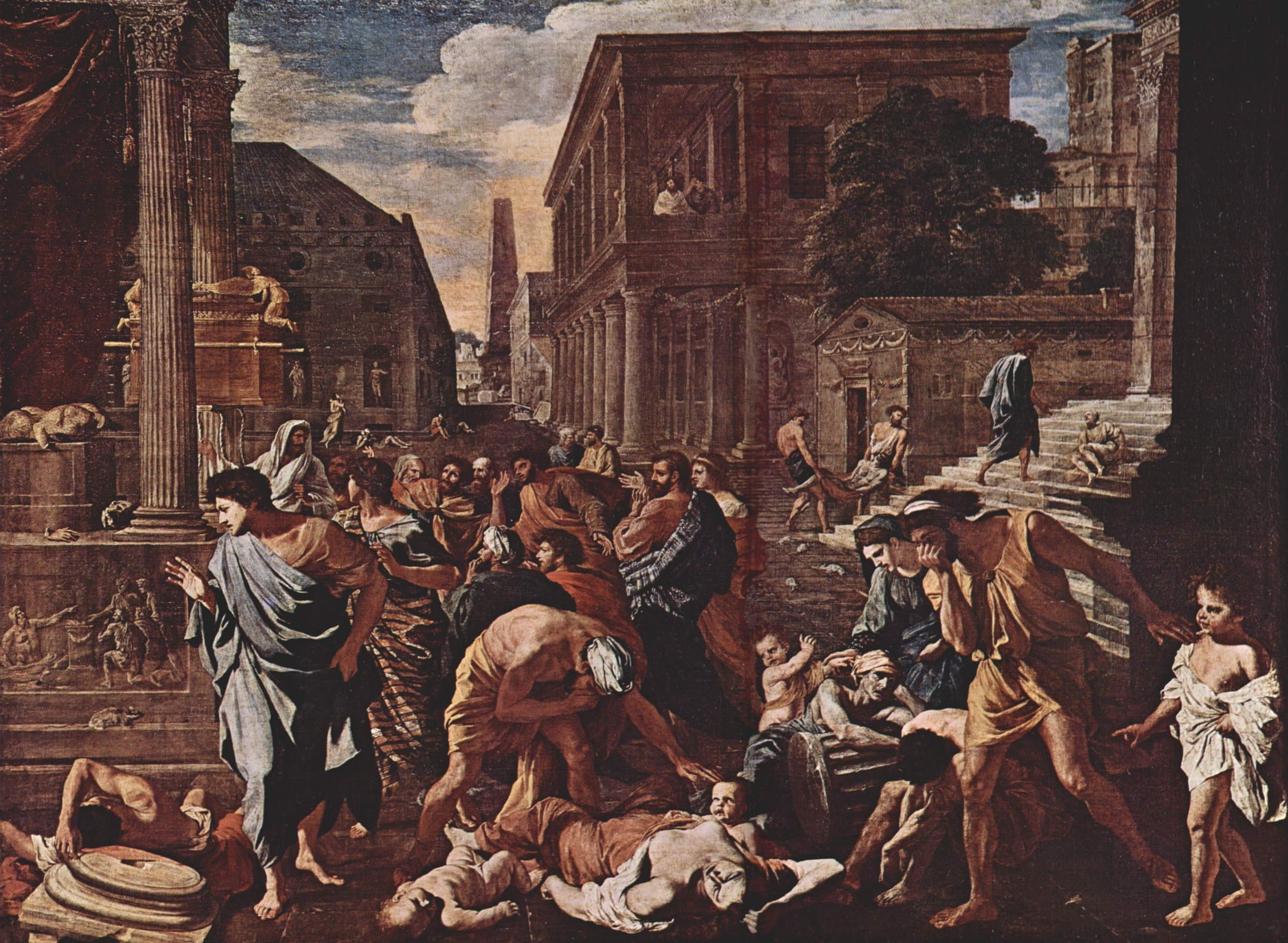 A city street of columned buildings where a crowd draws back from a dead mother and her infants on the pavement, men cover their faces, a broken statue lies on a plinth at the left and a body is carried up the steps at the right
