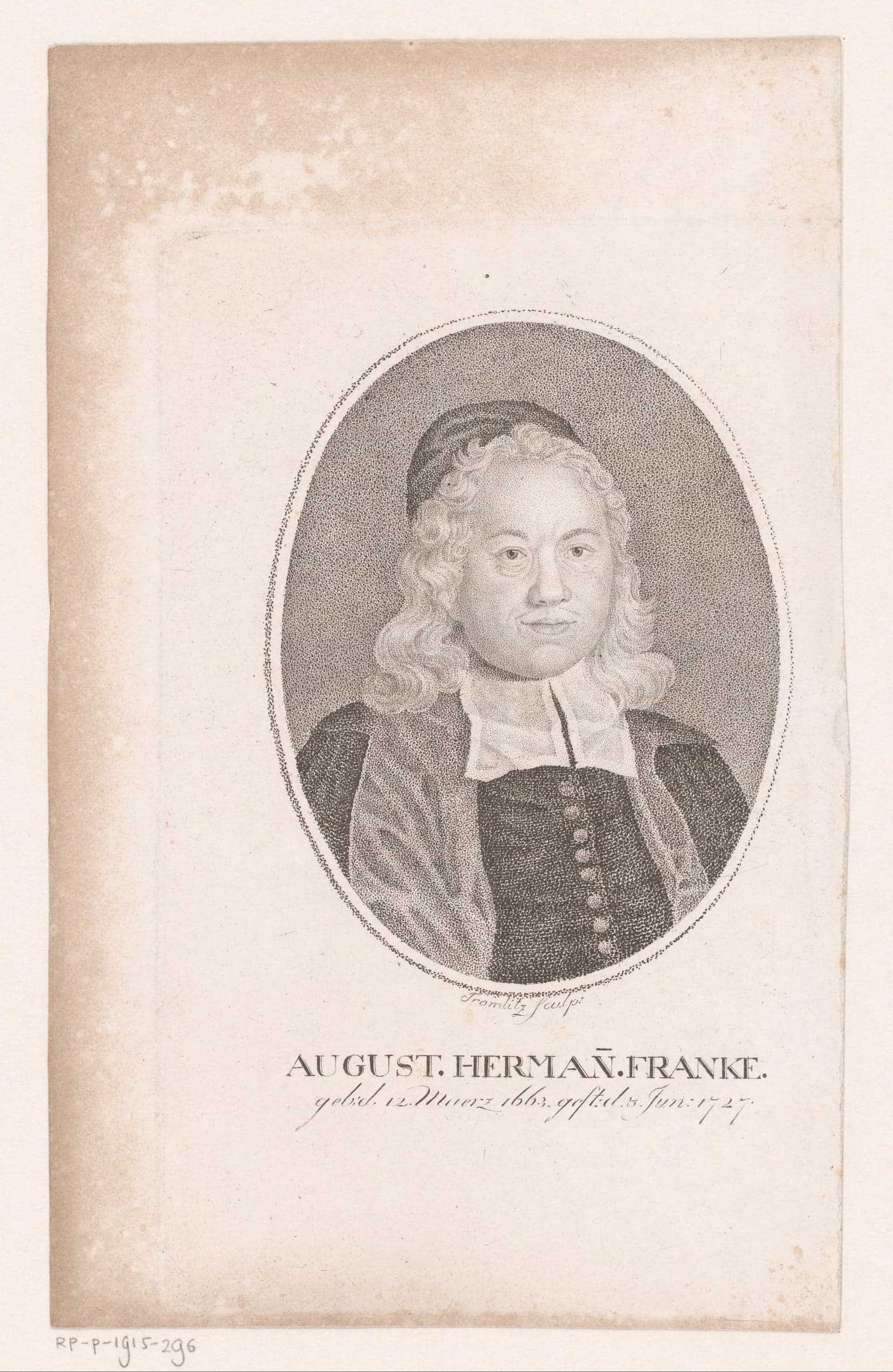An engraved oval portrait of August Hermann Francke in a skullcap, long curled hair and a white collar, with his name lettered beneath on the sheet.