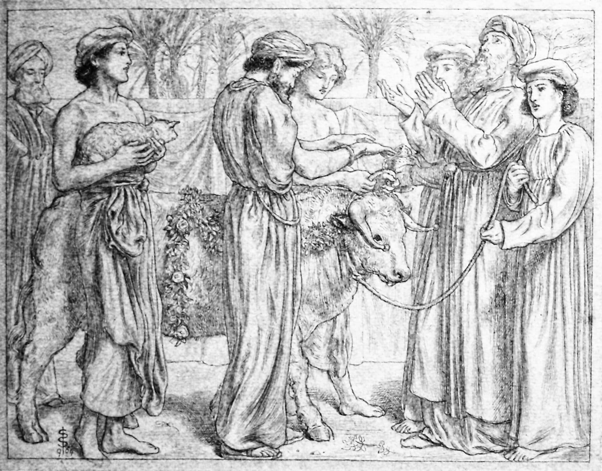 A pen drawing of an old bearded man in a turban who looks up with both hands raised, beside a young man holding the rope of a bull hung with a garland of flowers. Another man lays his hands on the bull's head, a young man at the left carries a lamb in his arms, and palm trees rise behind a hanging cloth.