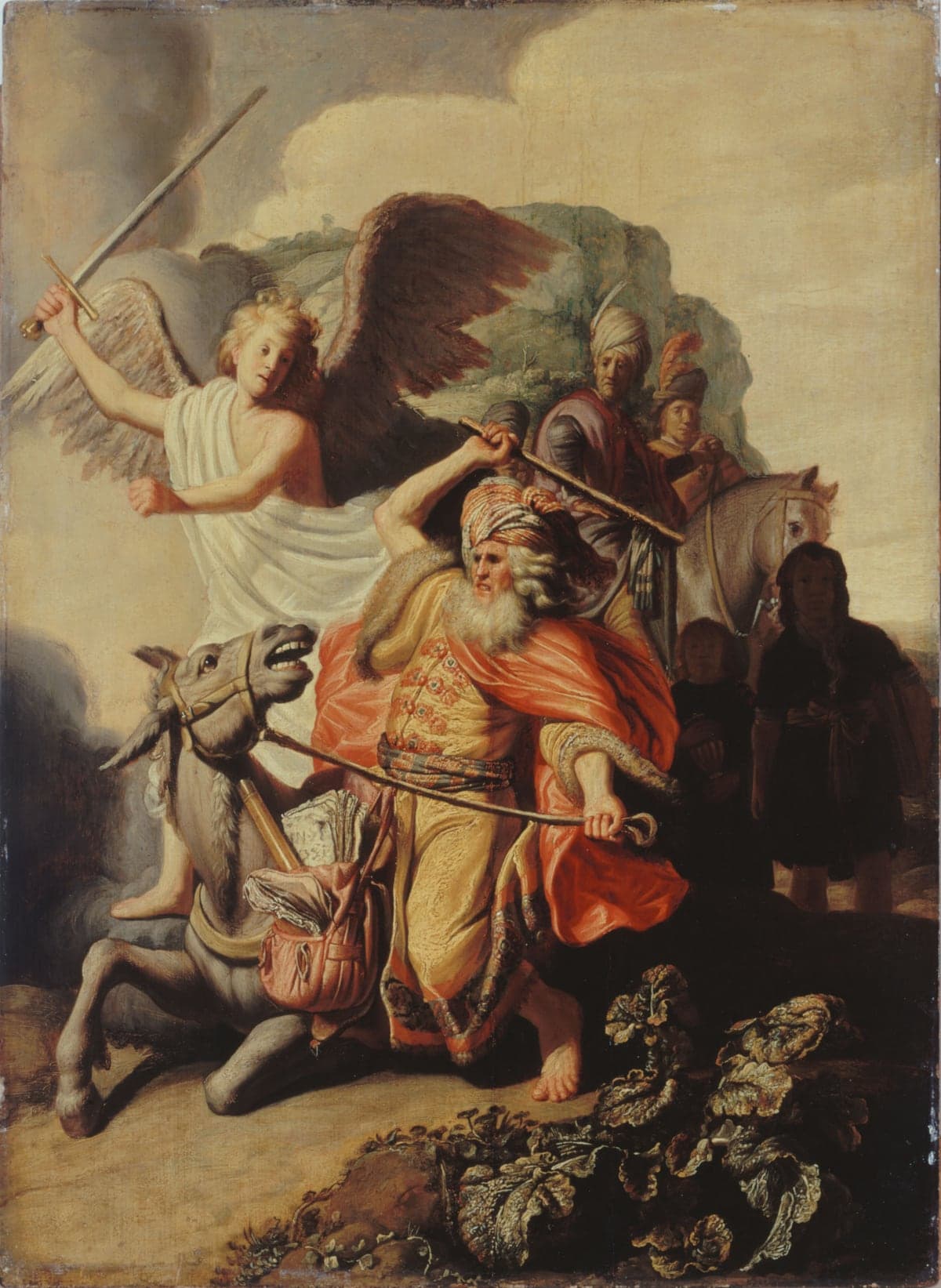 An angel with spread wings swings a sword above an old man in a turban and a red cloak, who raises a stick to beat the donkey that has fallen to its knees beneath him, while two riders and two servants watch from behind.
