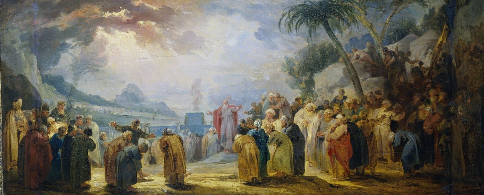 Moses in a red cloak stands with his arms spread before the ark, with smoke rising behind it, in a desert plain, with crowds of Israelites in robes and turbans gathered on both sides, palm trees and tents at the right and mountains beyond.