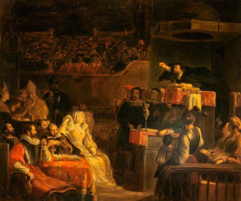 John Knox leans from a high pulpit with a raised arm, preaching to nobles, ladies and bishops seated below in a dim church.