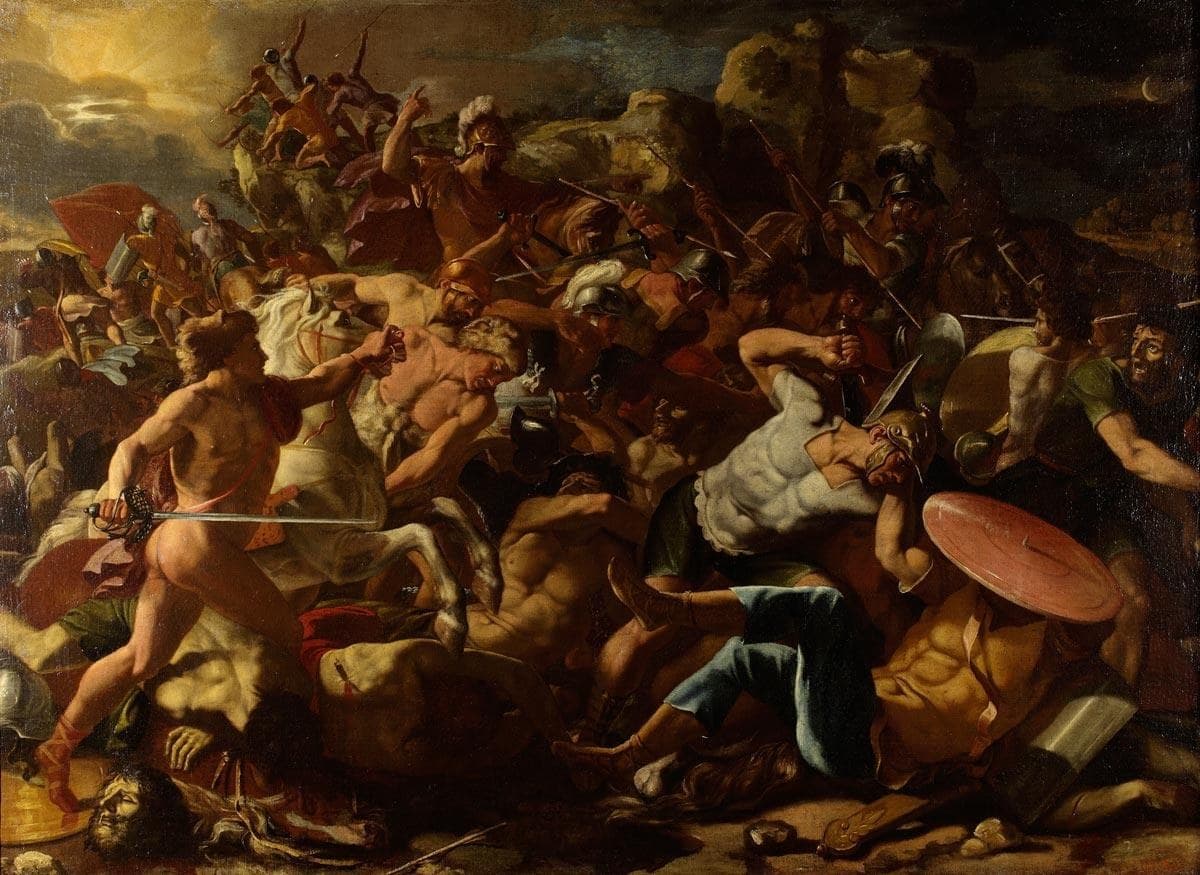 A crowded battle on rocky ground under a dark sky, with the sun breaking through cloud at the upper left and a crescent moon at the upper right. A swordsman lunges at the left beside a white horse, horsemen charge on a height behind, and the fallen lie across the foreground.