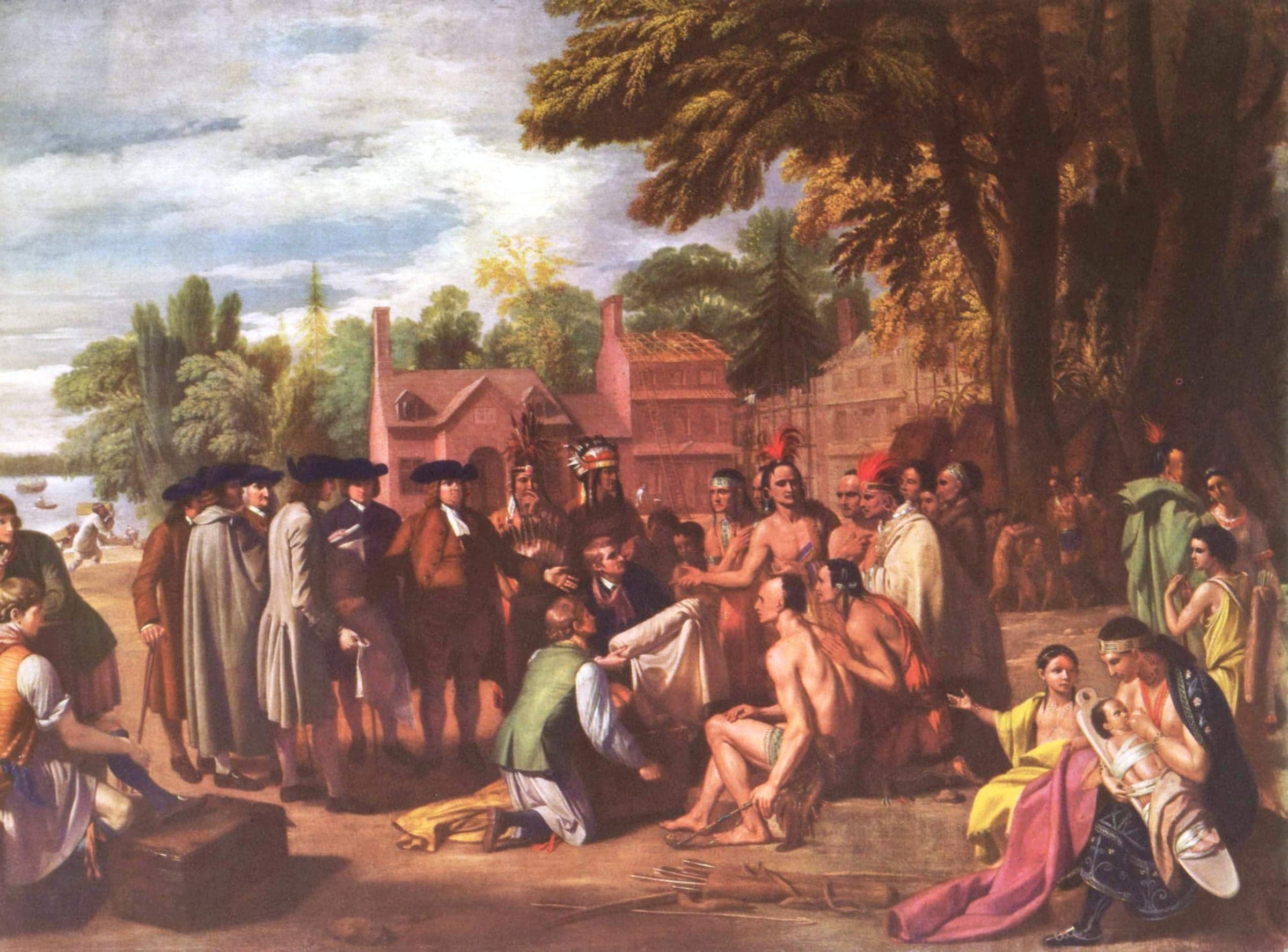 Men in broad-brimmed hats and Native American men and women gather under a great tree by a river, around a bolt of white cloth held out between them.