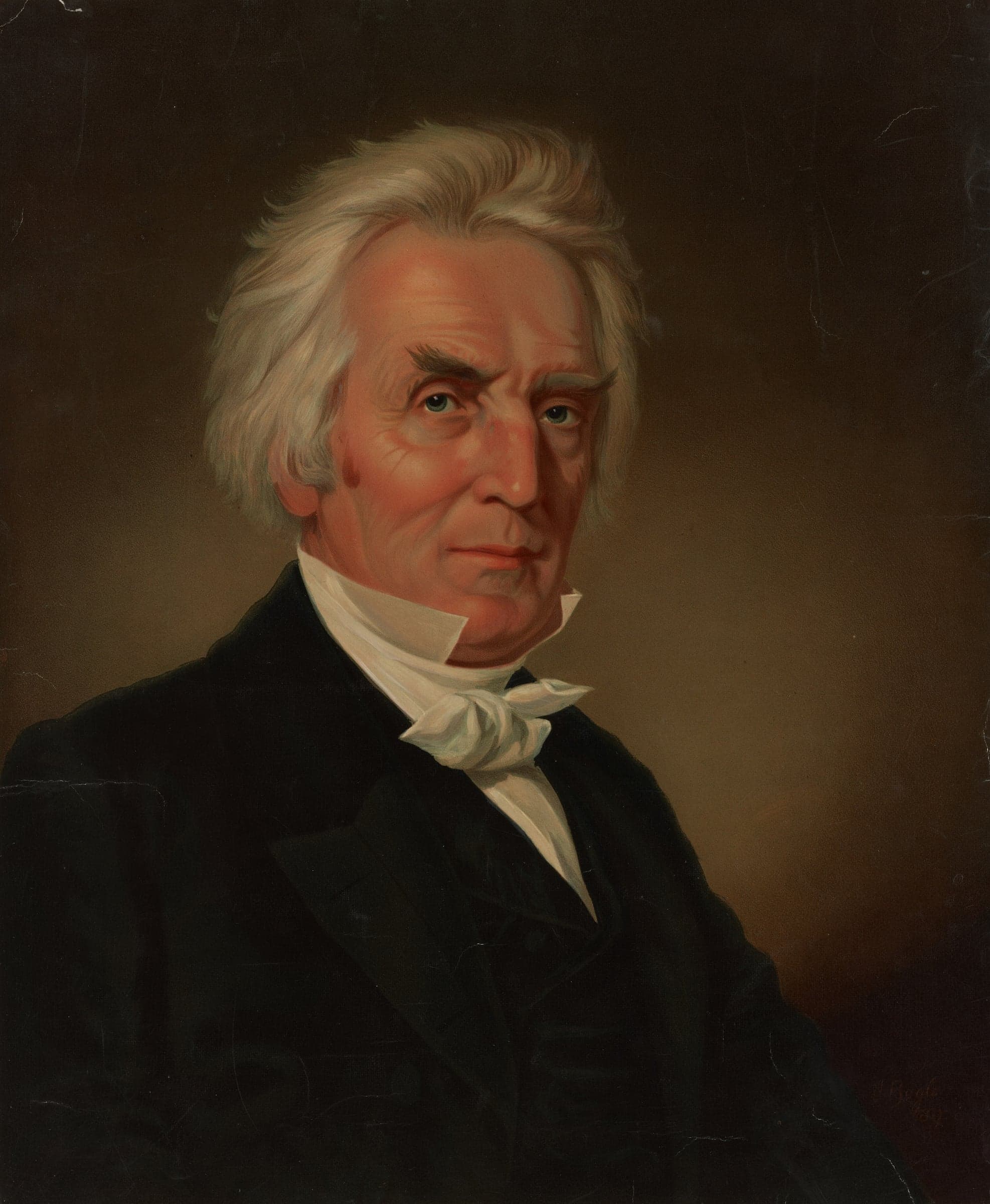 Alexander Campbell in old age, with white hair, a black coat and a white neckcloth, in a head-and-shoulders portrait on a dark ground.