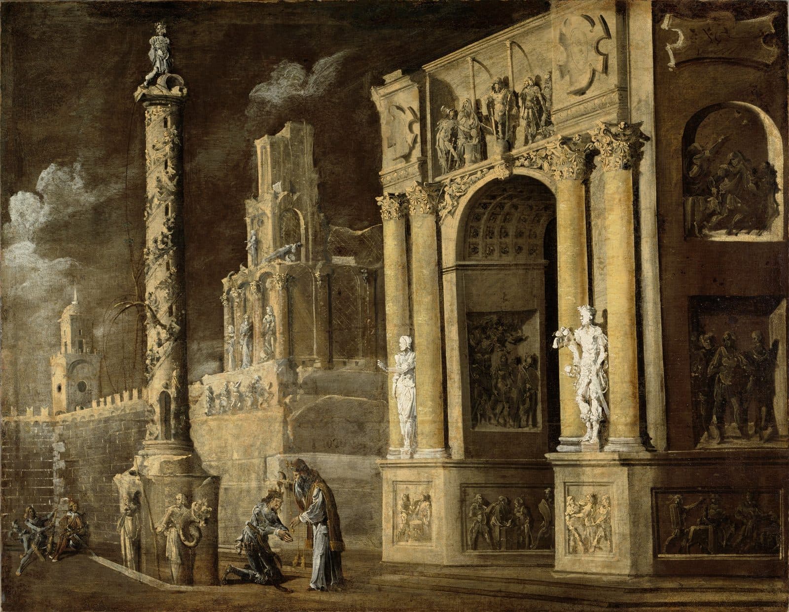 Saul kneels as Samuel anoints him at the foot of a triumphal arch, beside a carved column and a ruined palace, the figures small against the buildings