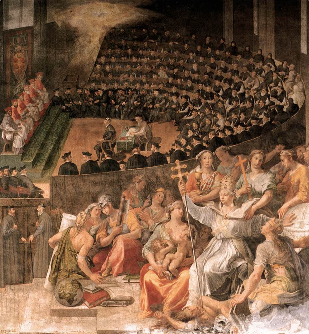 Rows of bishops in black and red fill a great curved hall in session, while in the foreground a crowned woman with a cross staff stands among robed figures holding books and a chalice.