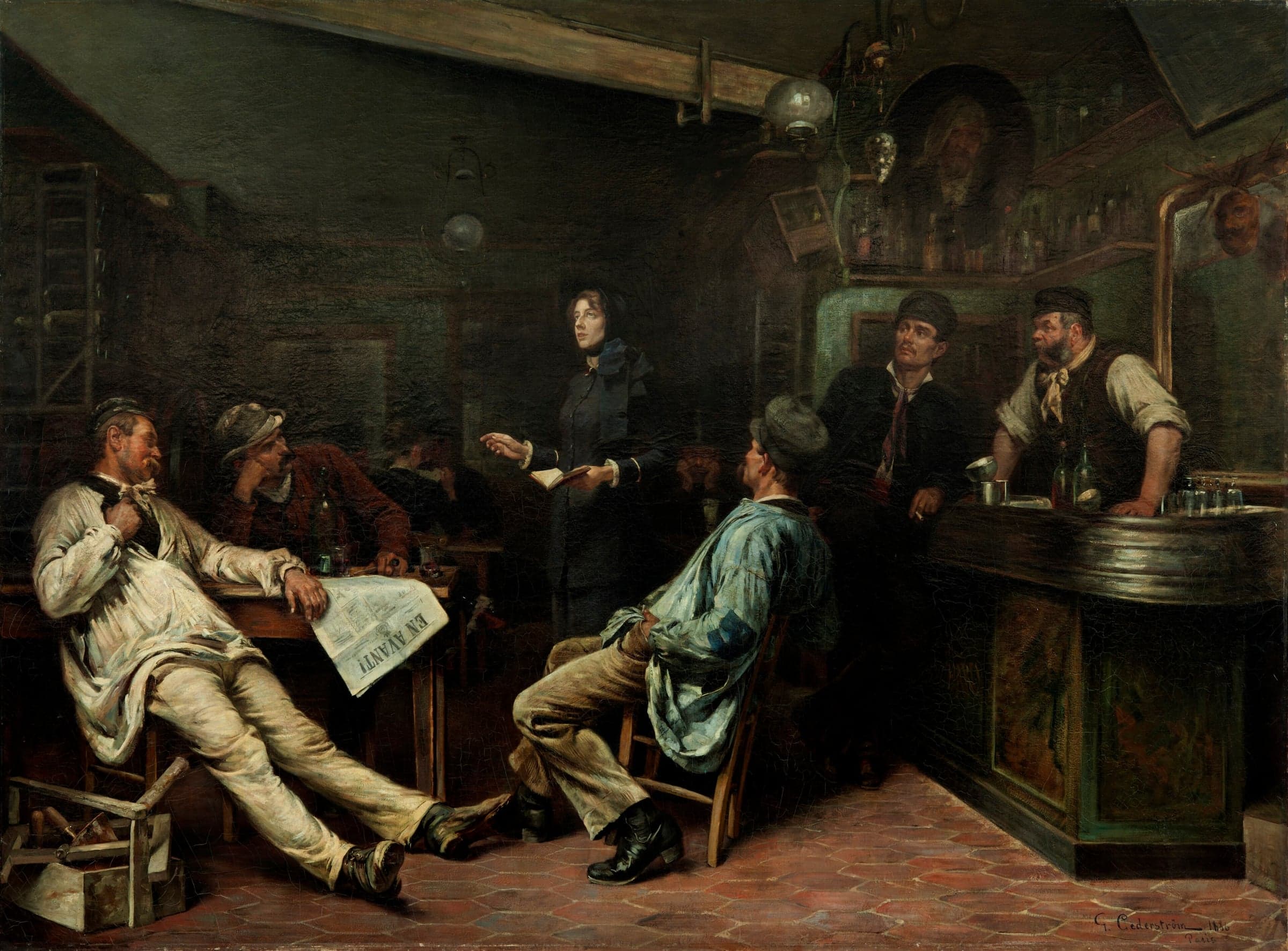 In a dim tavern a young woman in a black bonnet and dress stands with a small open book and speaks, while workmen sit and lean at the bar to listen.