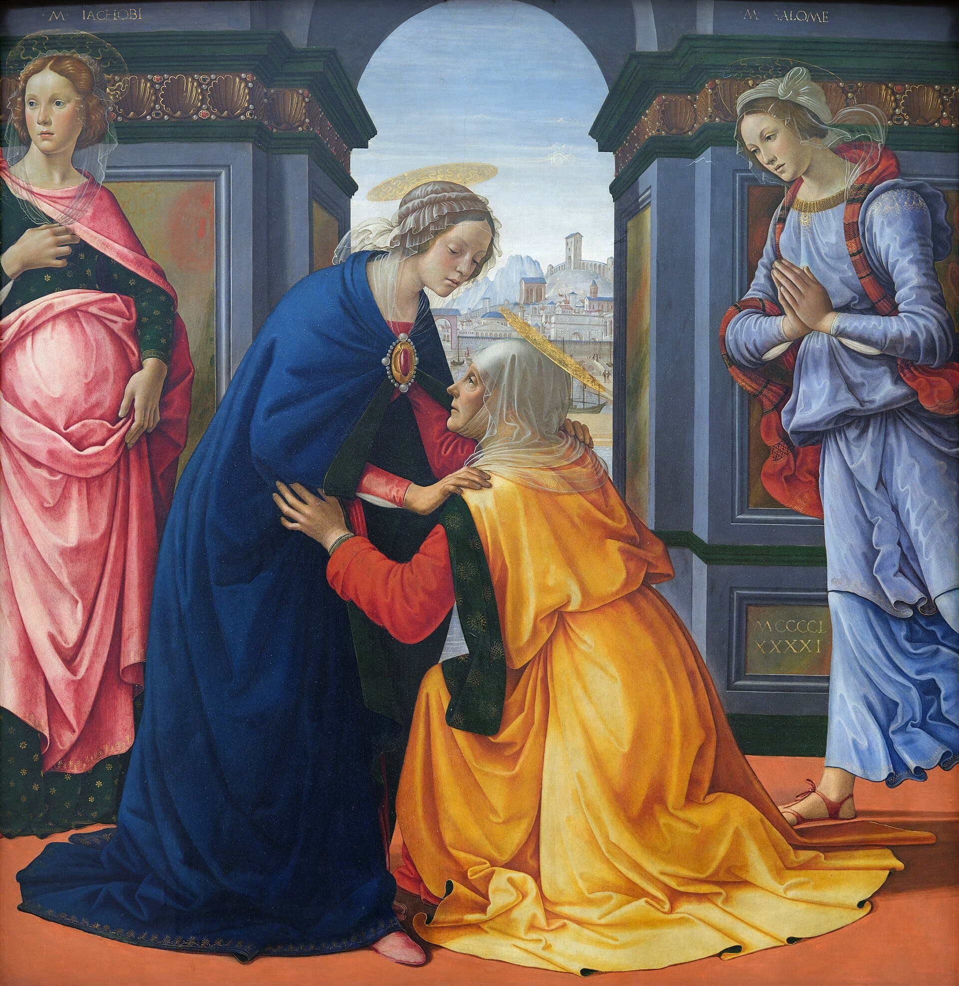 Under a stone arch that opens on a hill town, Mary in a dark blue mantle bends to embrace Elizabeth, an older woman in a yellow cloak who kneels before her, while Mary Jacobi in pink stands at the left and Mary Salome in pale blue stands at the right with her hands joined.
