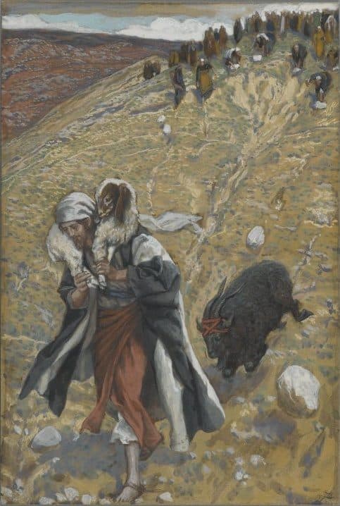 A man in a white head cloth carries a lamb across his shoulders down a stony slope, while a black goat with a red band bound about its horns runs beside him and a crowd stands on the ridge above.