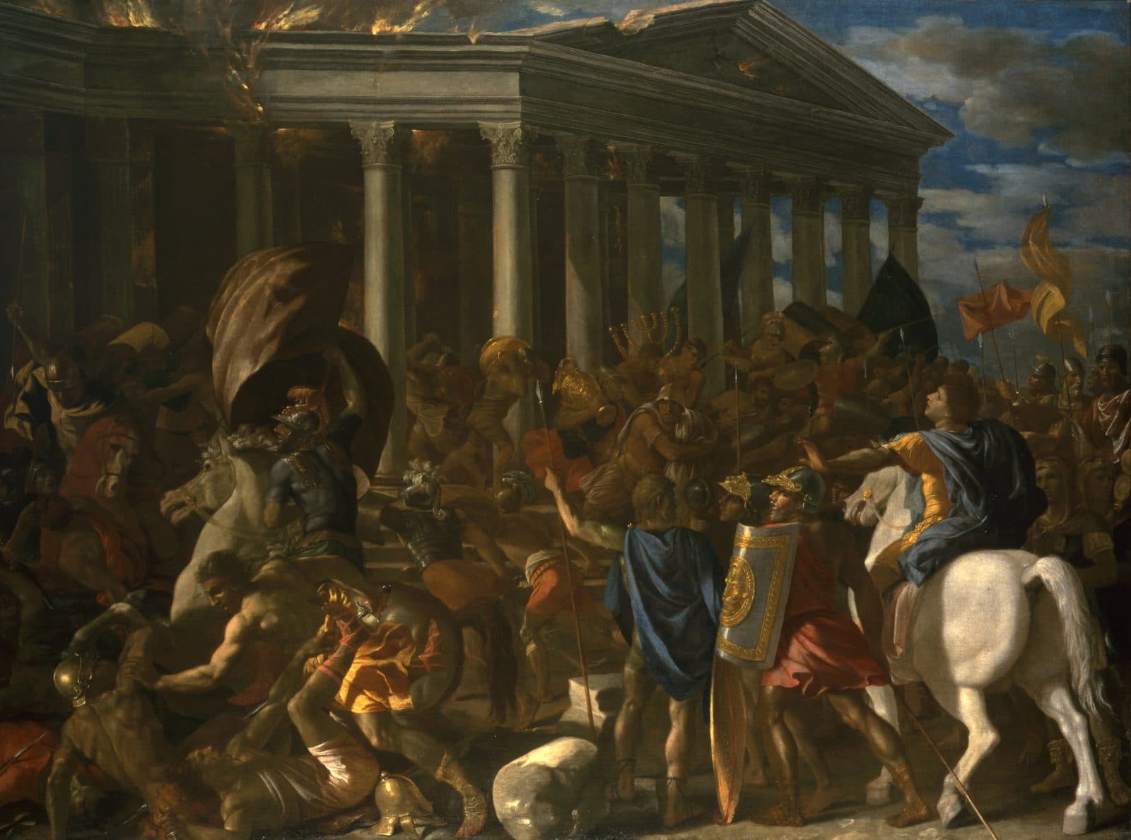 Roman soldiers carry the seven-branched lampstand out of a burning temple portico while a commander on a white horse looks on and men fall on the steps