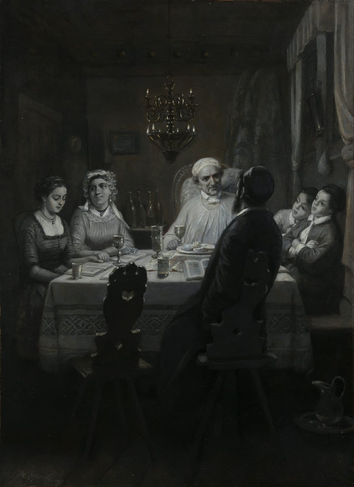 A family at a covered table under a lit chandelier. The father in a white robe and cap sits against cushions at the head with a cup and a plate before him, two women read from open books at the left, a bearded man in a dark coat sits with his back to the viewer, and two boys watch from the right.