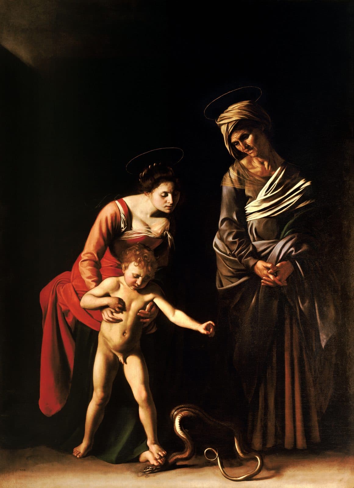 Caravaggio's painting of Mary and the child Jesus treading on a serpent together, his foot on hers, while the elderly Anne watches from the side in a dark room