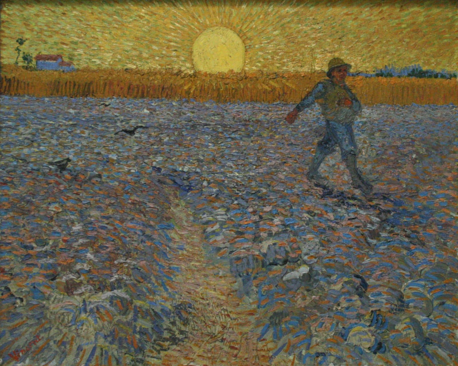 Vincent van Gogh's painting of a sower striding across a violet and blue ploughed field under a huge yellow sun, with ripe wheat behind him