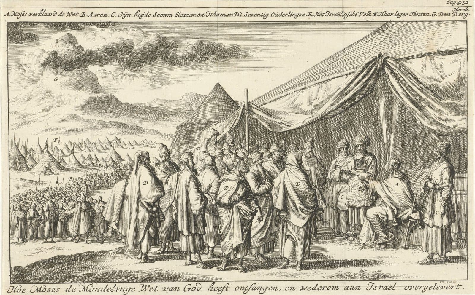 An etching of Moses teaching the law to Aaron, his sons, the elders and the people before their tents, with Mount Horeb behind.