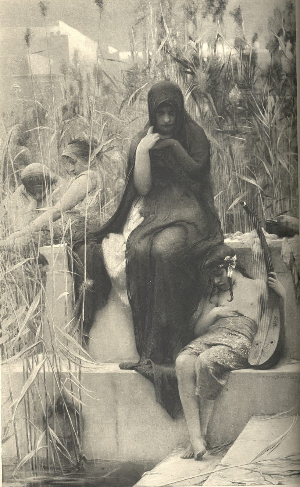 A woman in a dark veil sits on a stone ledge among tall reeds by the water, a youth with a harp leans against her knee, and two women reach into the reeds behind them.