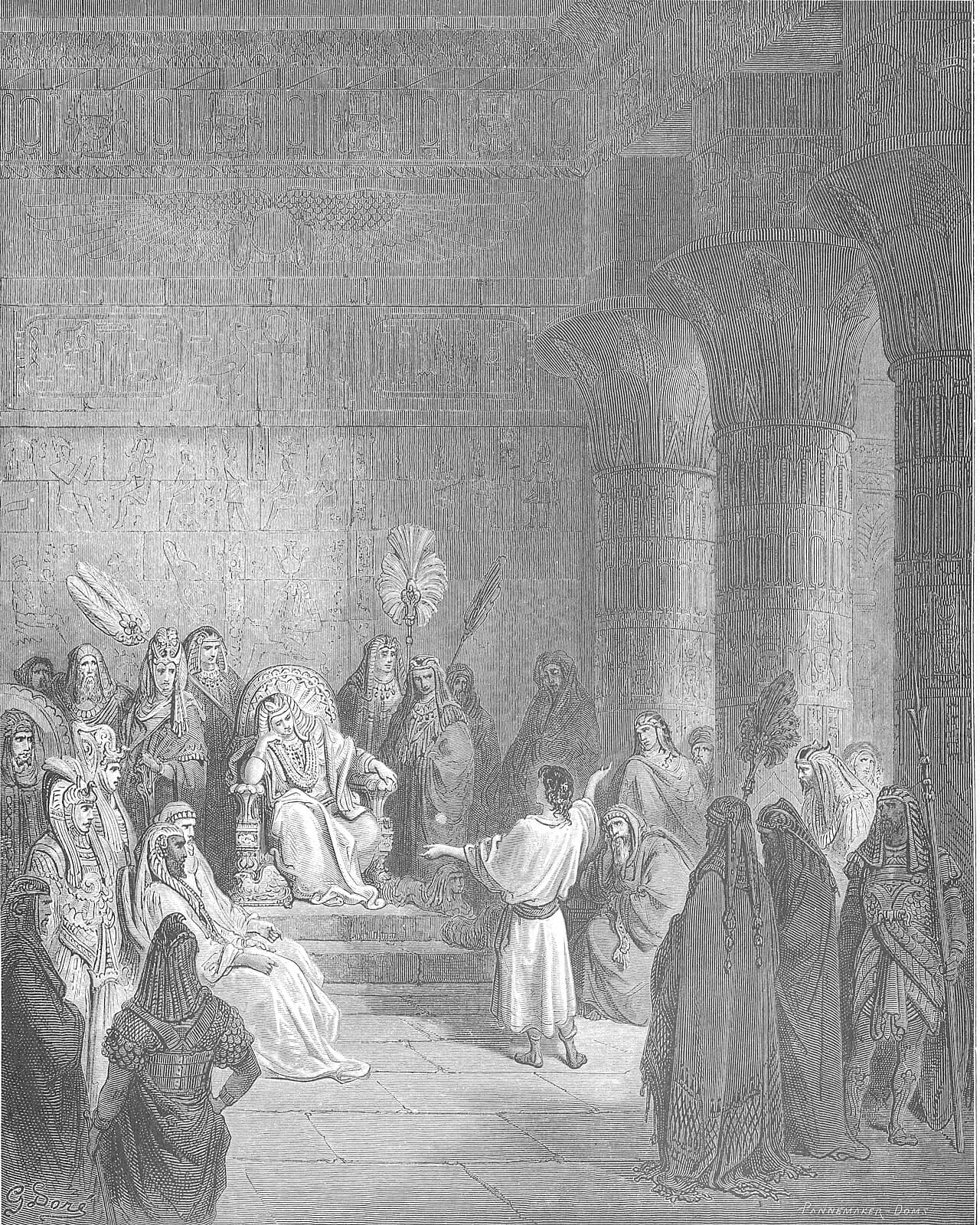 A young man in a white tunic stands on the floor of a pillared hall carved with hieroglyphs and points toward Pharaoh, who sits on a high throne with his chin on his hand, while robed courtiers, fan bearers and guards stand around them