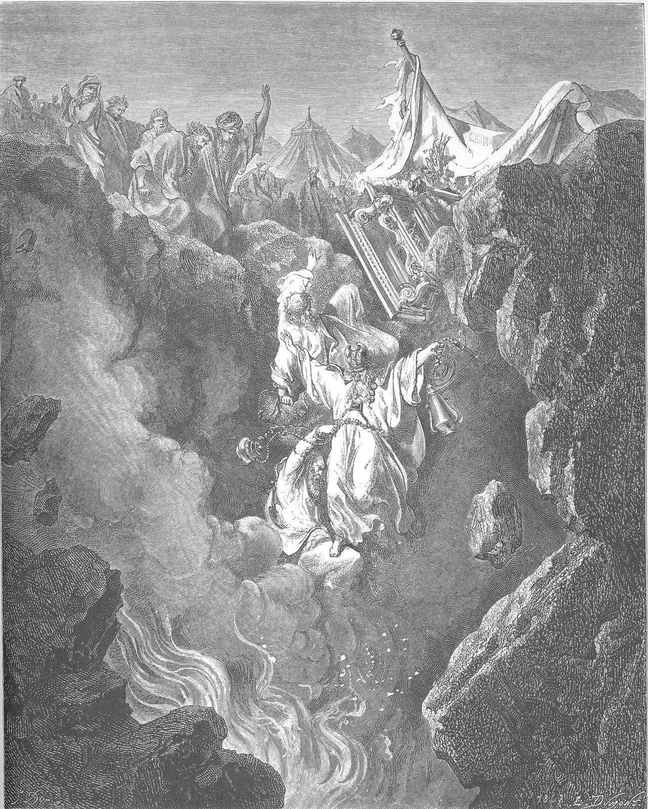 A chasm splits the rocky ground, and men in long robes fall headlong into it toward smoke and flames at the bottom, one in a tall headdress with his arms flung wide and a censer swinging from his hand; an ornate chest and a torn tent tumble in after them, while on the ridge above a crowd flees with hands raised and tents stand in the distance