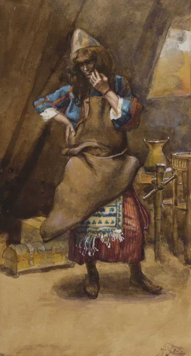 A craftsman in a pointed cap and a long leather apron stands in a workshop under a sloping roof, one hand at his chin and the other at his hip, with a chest on the ground at his right and a jar on a bench beside a wooden stand at his left.
