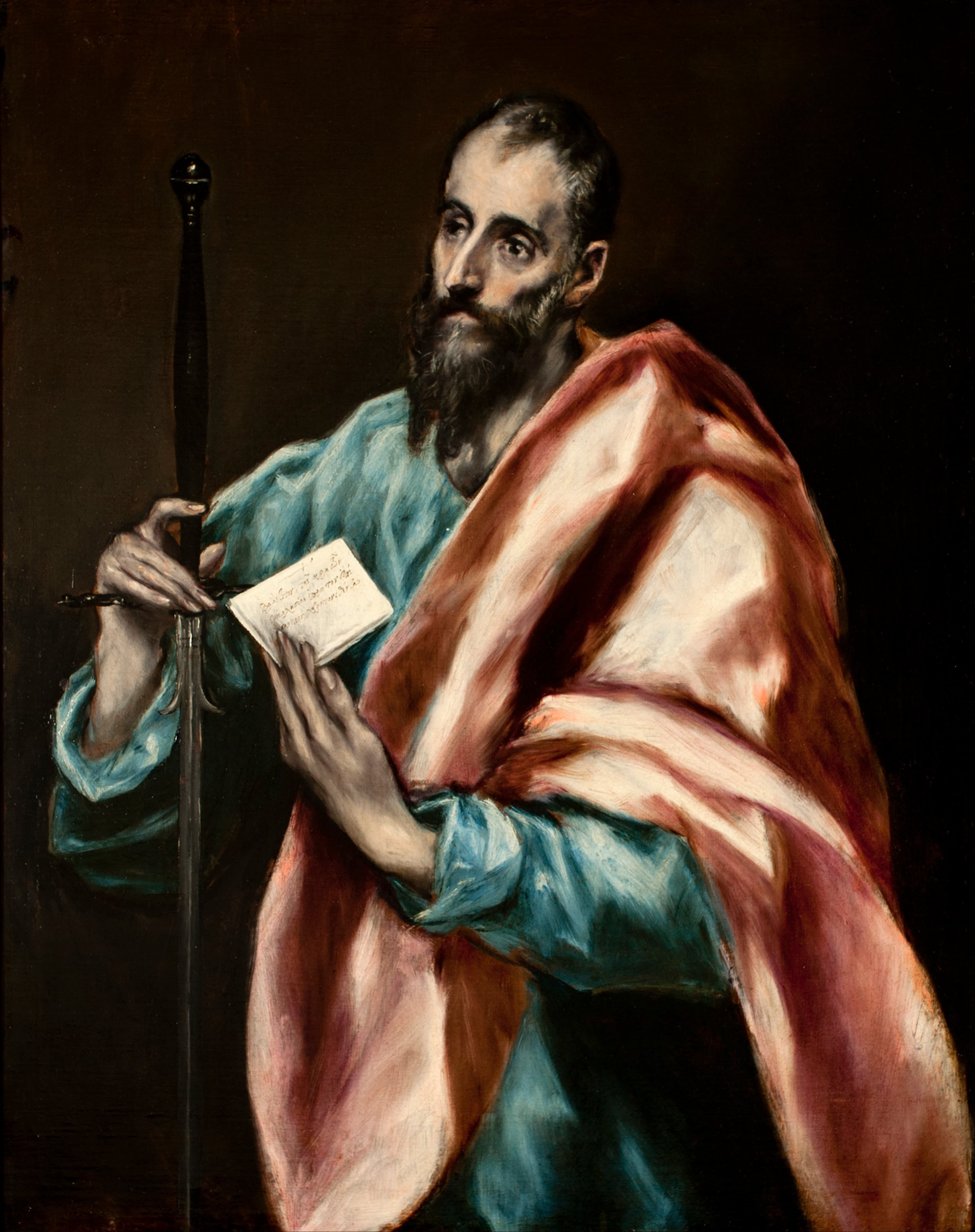 Paul stands alone against a dark ground in a blue robe and a rose cloak, one hand on the hilt of a sword and the other holding a small open letter.