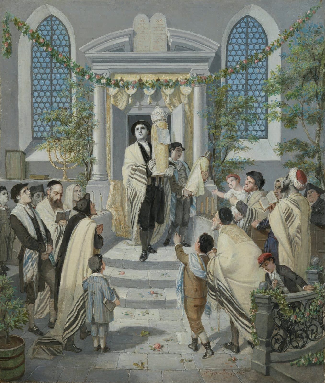 A painting of a synagogue hung with garlands and green boughs, where a man in a prayer shawl carries a crowned Torah scroll down the steps from the open ark under the stone tablets of the law, while men, women and children in prayer shawls and caps crowd around him.