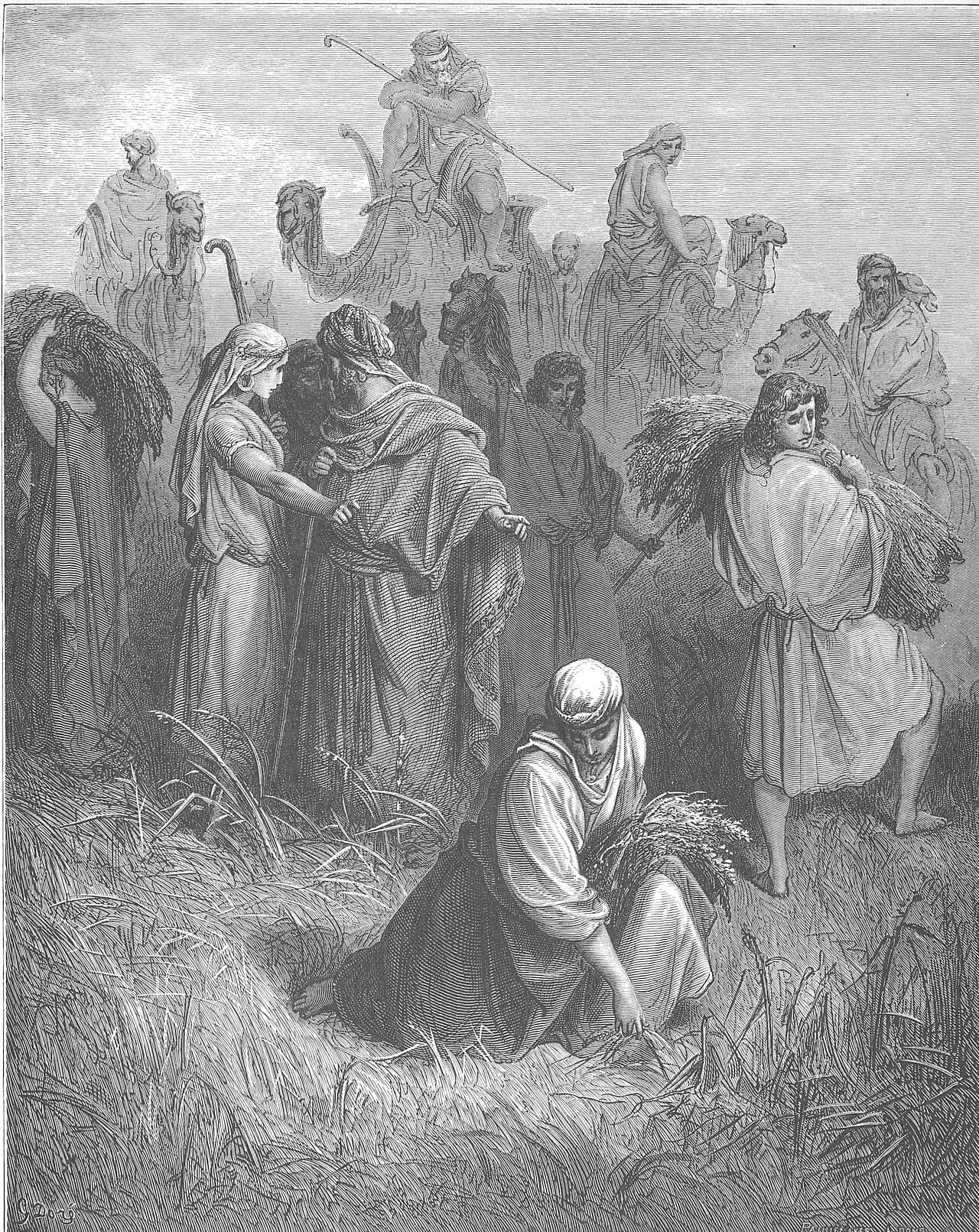 A woman kneels to gather stalks in a harvest field while a man in a cloak speaks with another woman and reapers carry sheaves.