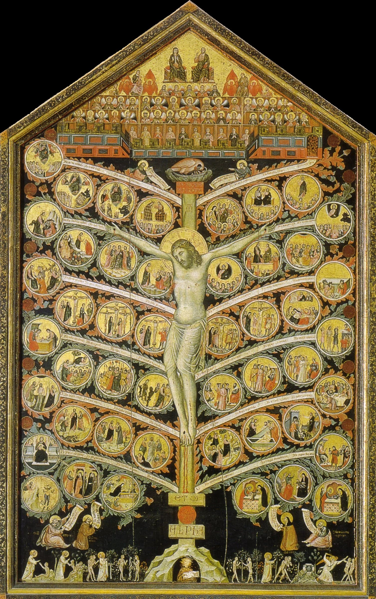 A tall gold panel with a gabled top: Christ hangs on a cross that grows as a tree, with twelve scrolled branches carrying round painted scenes, a pelican on a nest at the top of the trunk, rows of saints and angels in the gable, and small scenes of Adam and Eve at the foot