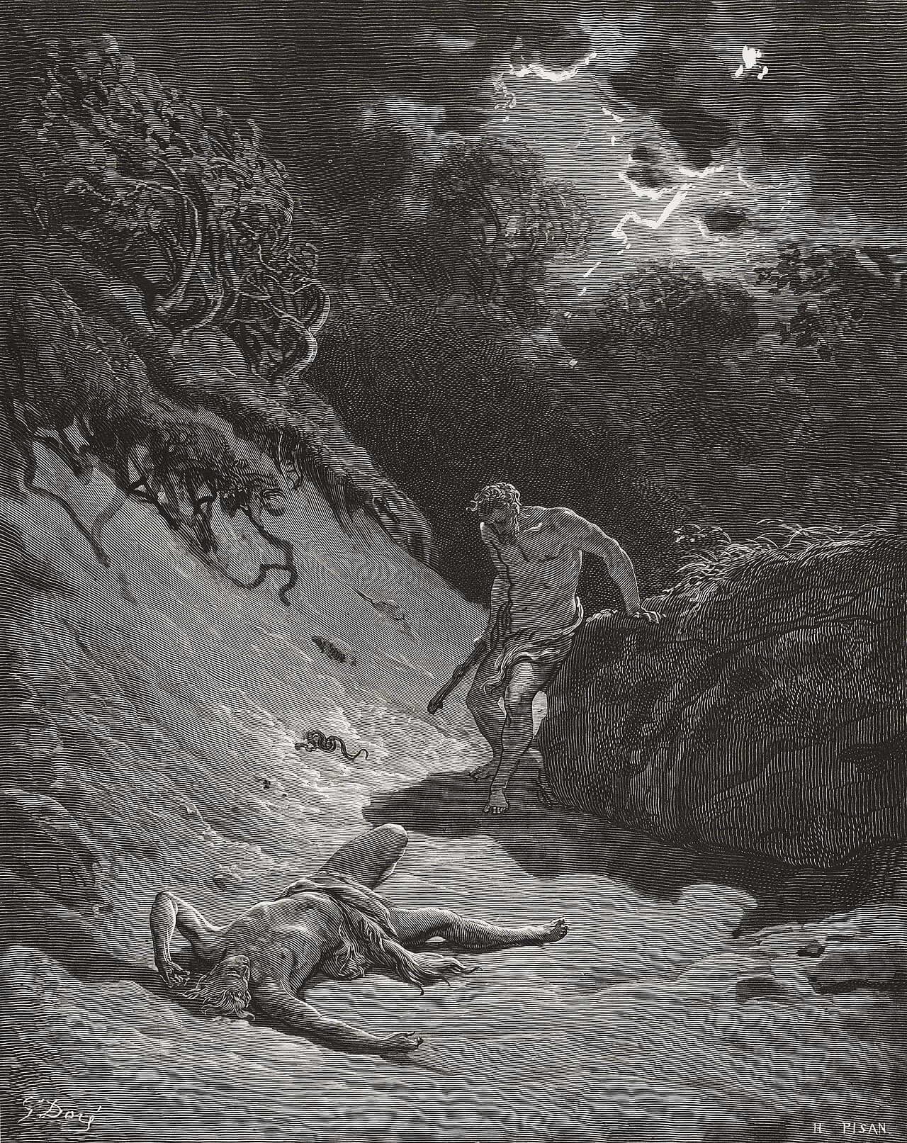 A man lies dead on his back on bare rocky ground in the foreground while another man with a club in his hand turns away past a boulder, under trees and a dark, broken sky