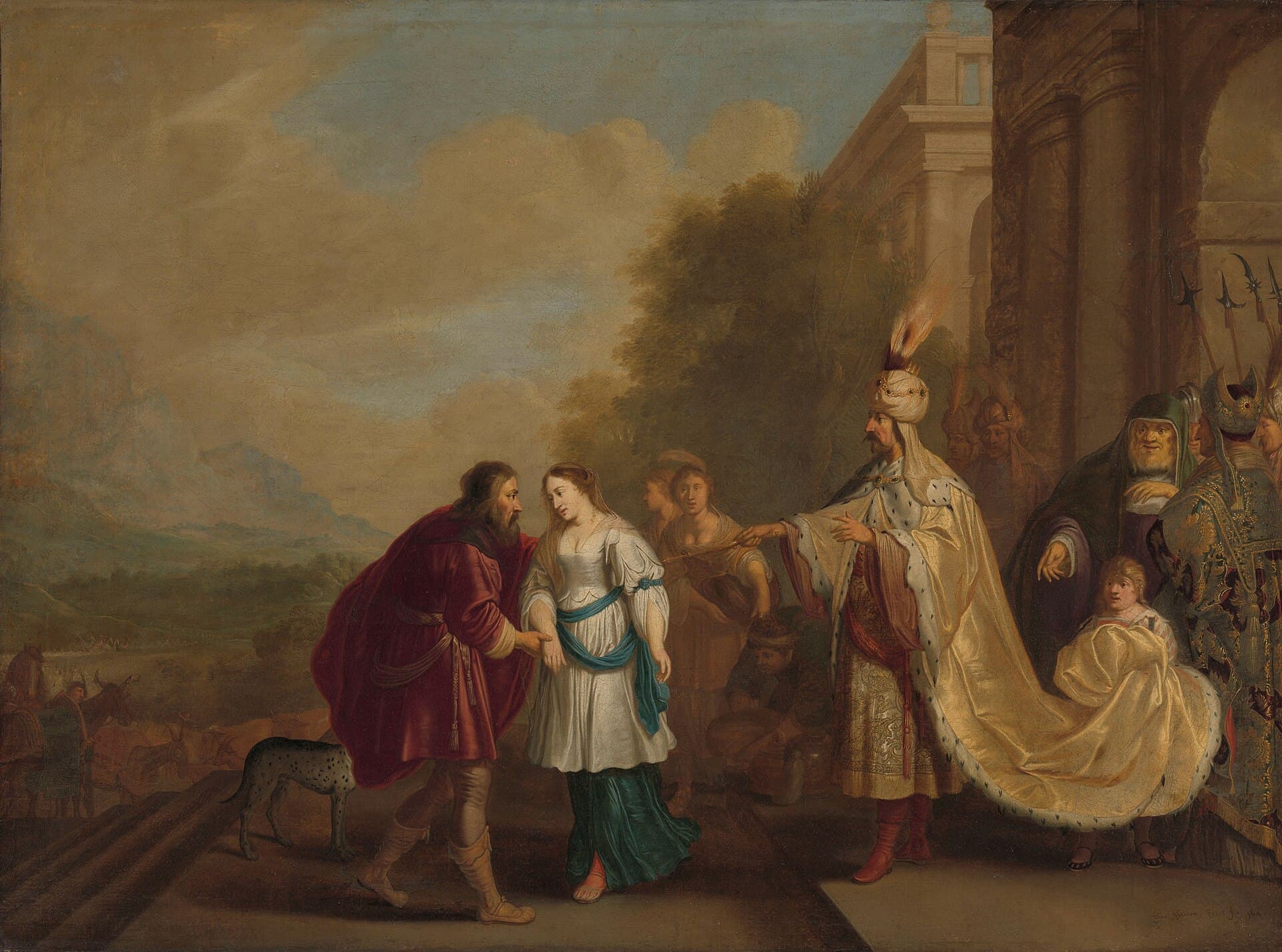 On the terrace before a palace, a king in a plumed white turban and a gold ermine-lined cloak, its train held by a child, stretches out his hand toward a bearded man in a red cloak who leads a young woman in white and green away by the wrist; guards with halberds and courtiers stand behind the king, a spotted dog walks at the man's heels, and herds and riders cross the plain at the left.