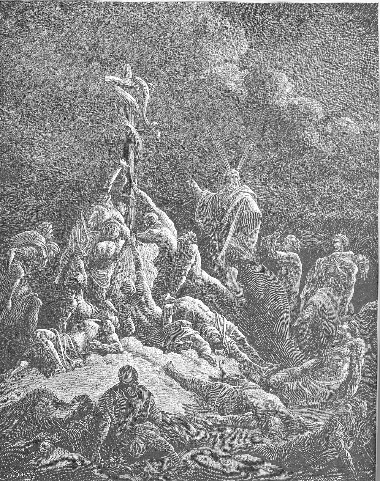 Moses points to a bronze serpent wound on a pole while bitten Israelites lie on the ground and others reach up toward it.